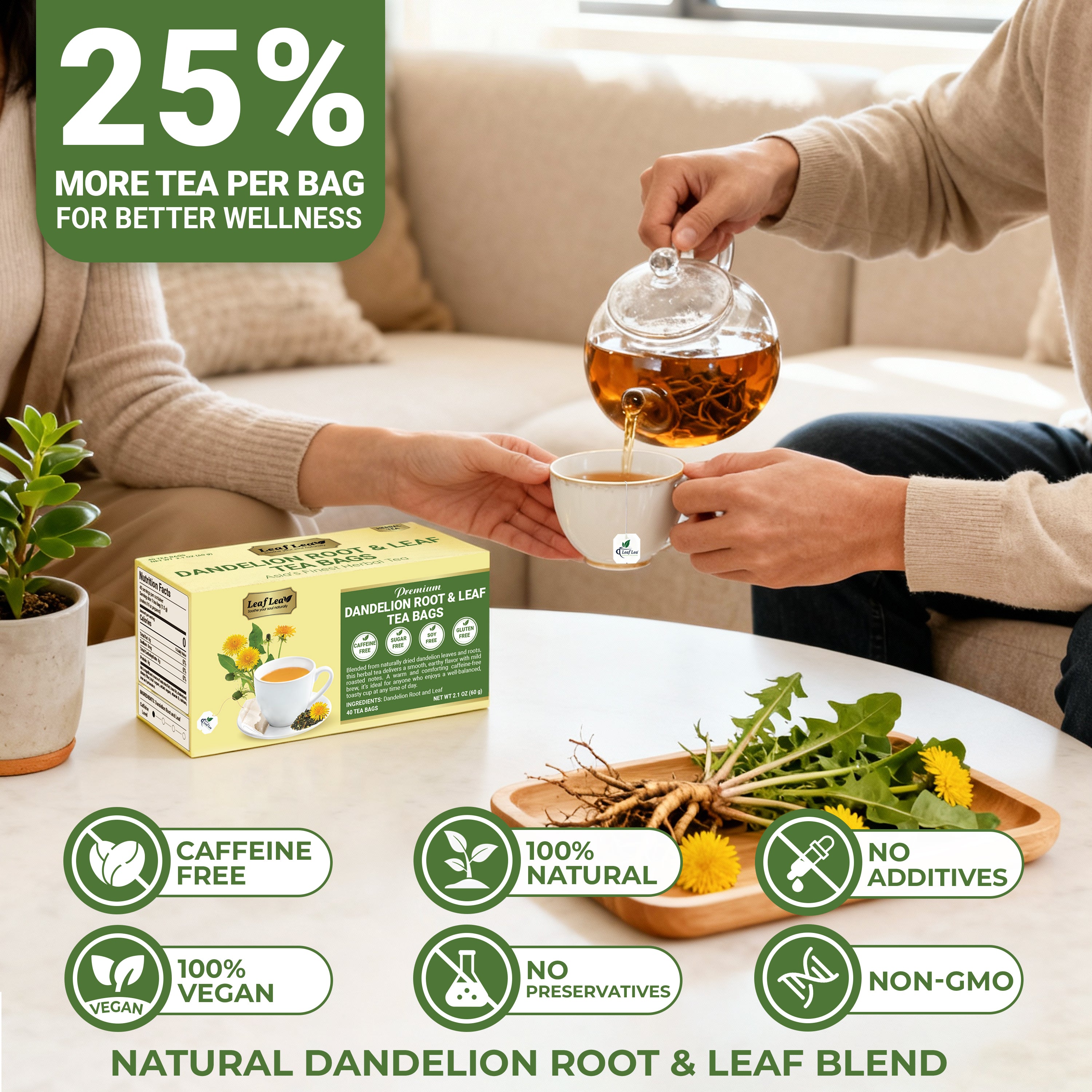 LeafLea Dandelion Root and Leaf Tea Bags, Roasted Dandelion Root Tea Blend, Natural Herbal Tea for Digestion & Wellness