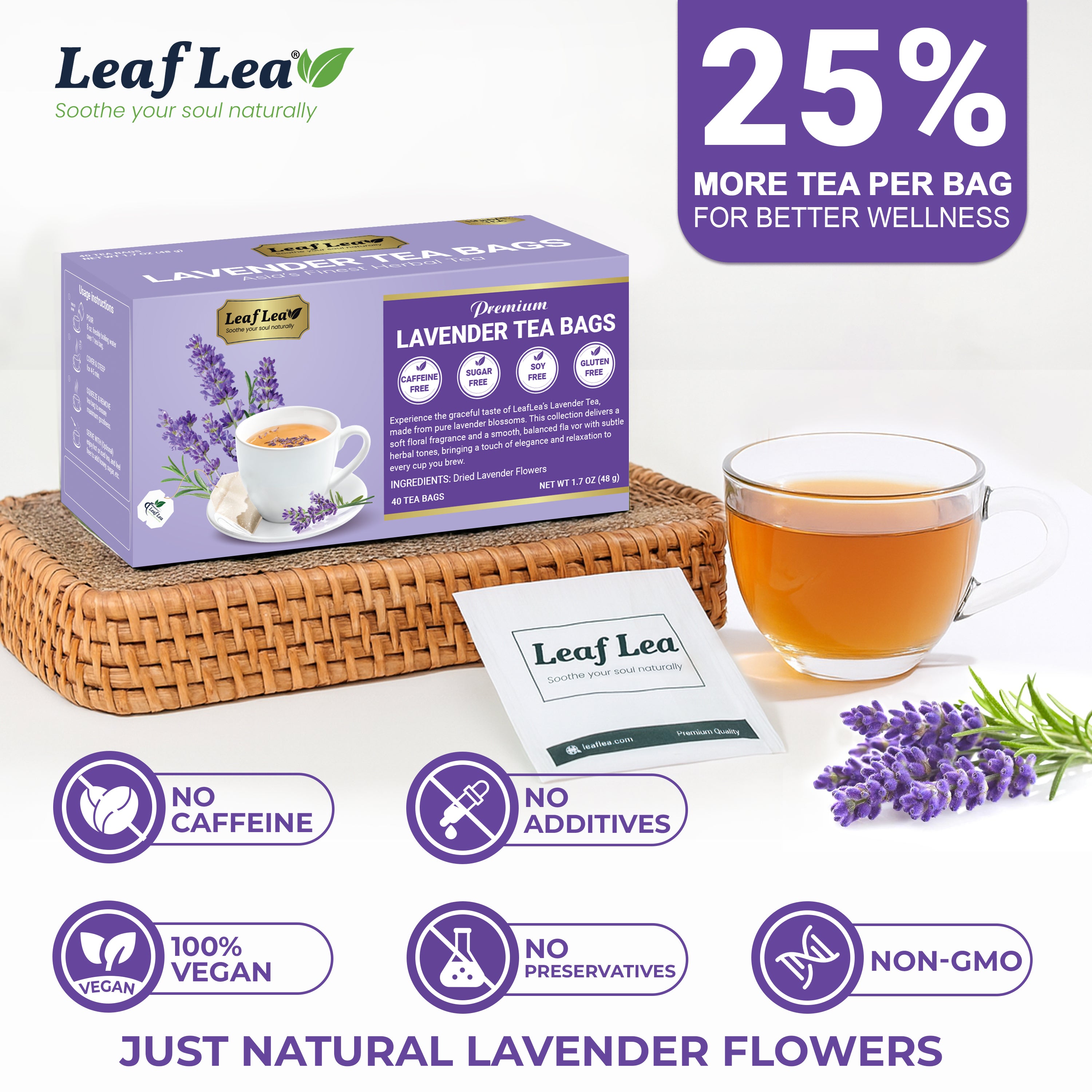 LeafLea 40 Premium Lavender Tea Bags, Natural Lavender Flowers, Lavendar Herbal Tea with Delicate Floral Aroma & Smooth Flavor, Relaxing Evening Infusion, No Caffeine