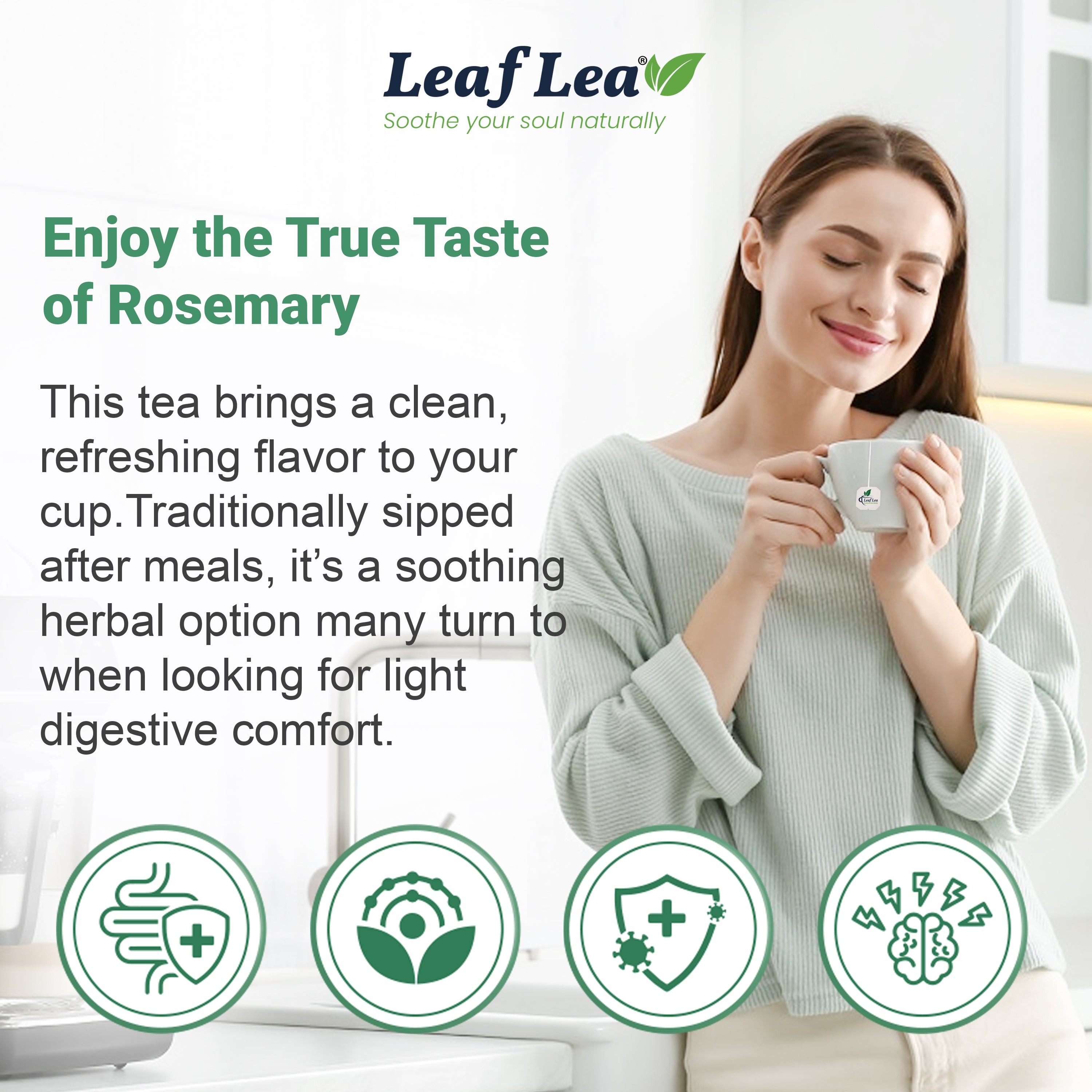 LeafLea Rosemary Tea Bags - Natural Rosemary Leaves, Te De Romero Earthy Taste & Light Aroma, Caffeine-Free, Sugar-Free
