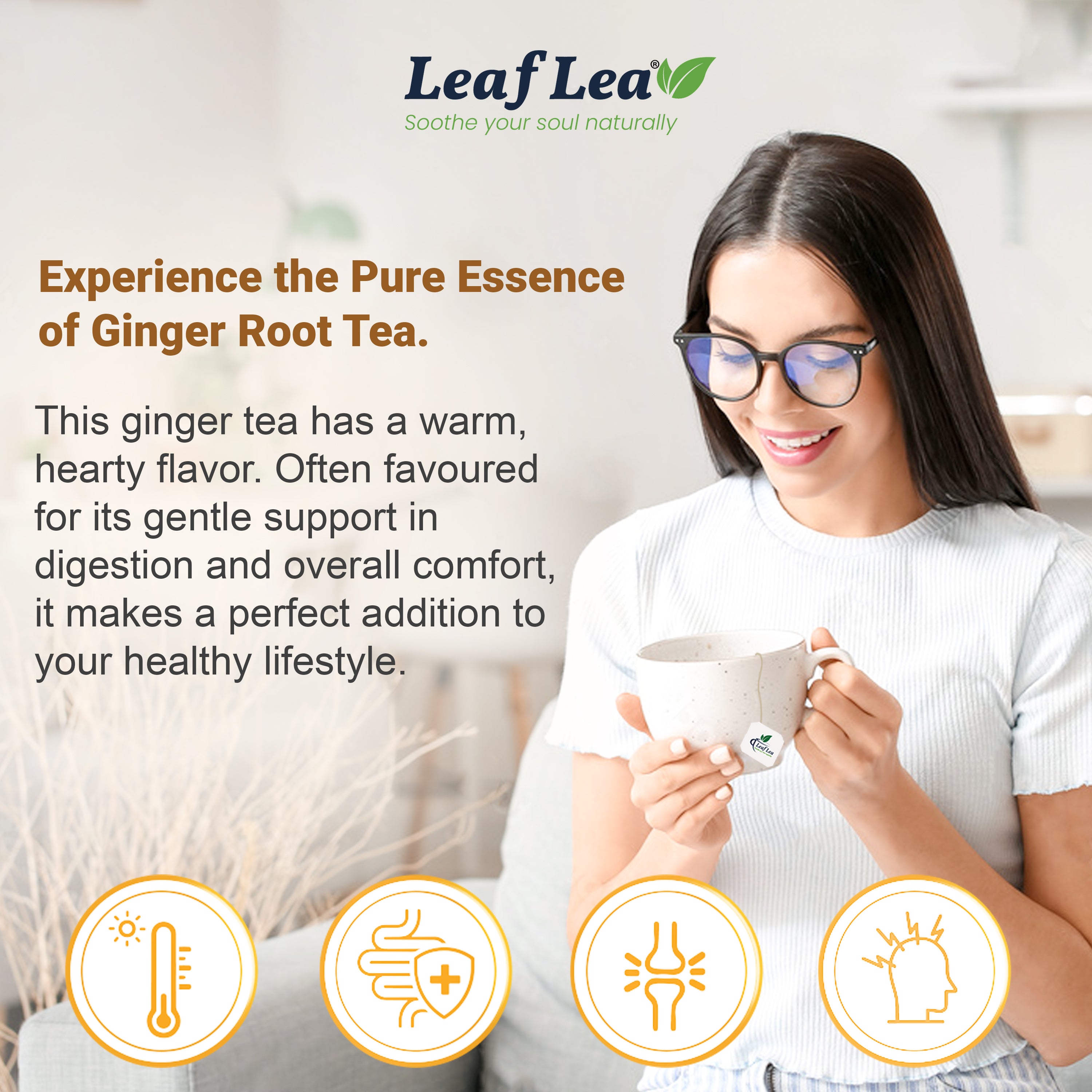 LeafLea Ginger Tea Bags - Bold, Spicy Flavor & Soothing Herbal Experience, Caffeine-Free
