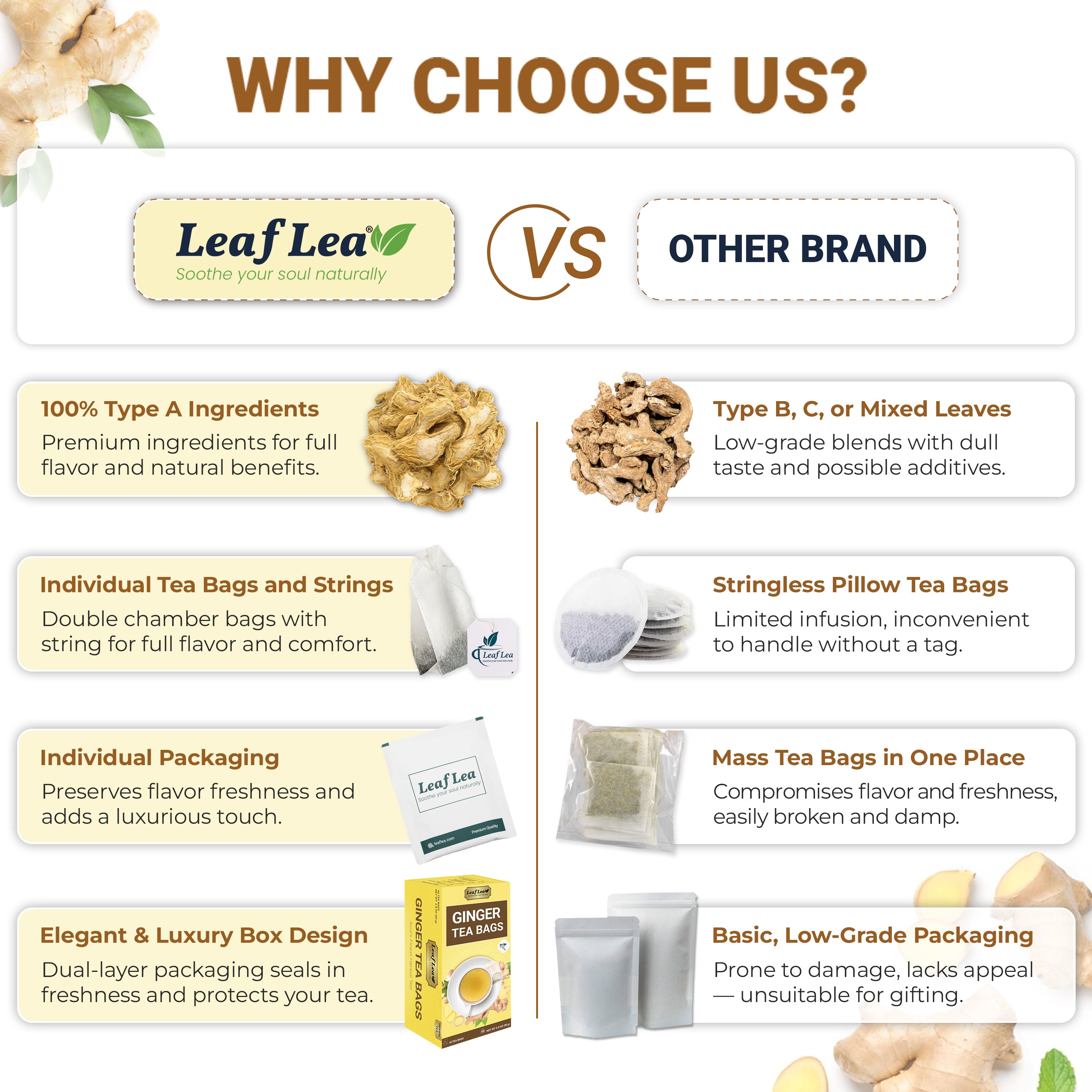 LeafLea Ginger Tea Bags - Bold, Spicy Flavor & Soothing Herbal Experience, Caffeine-Free