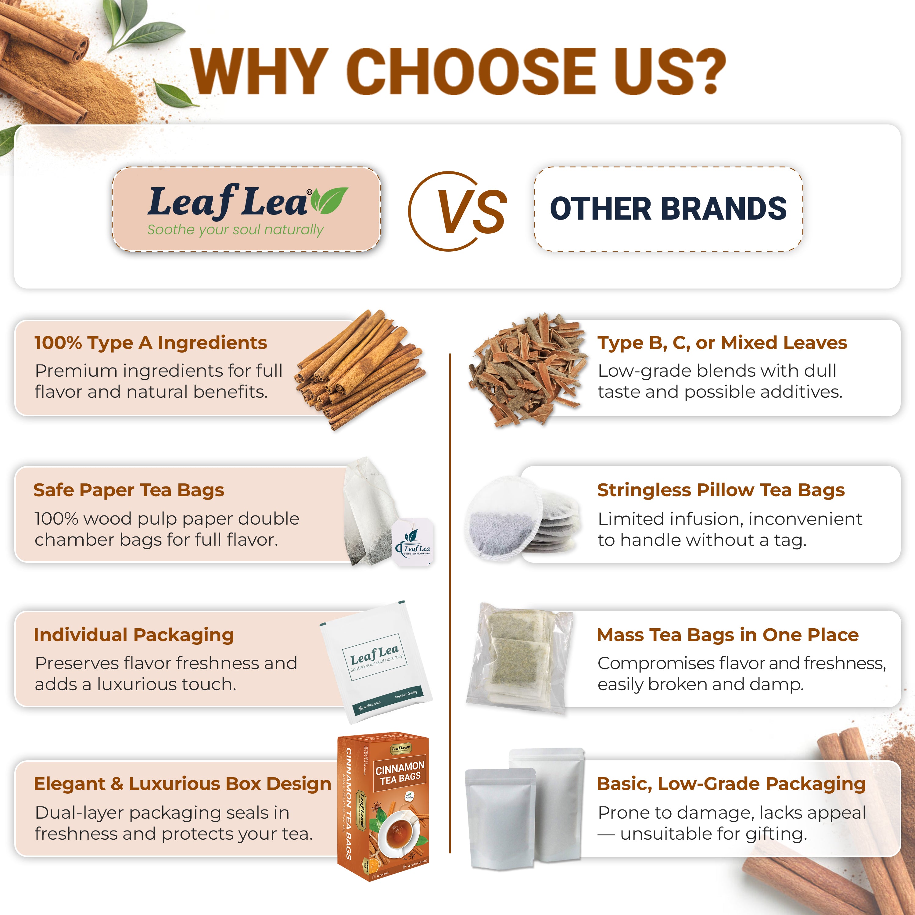 LeafLea 40 Cinnamon Tea Bags - Hot Spiced Cinnamon Tea Bags