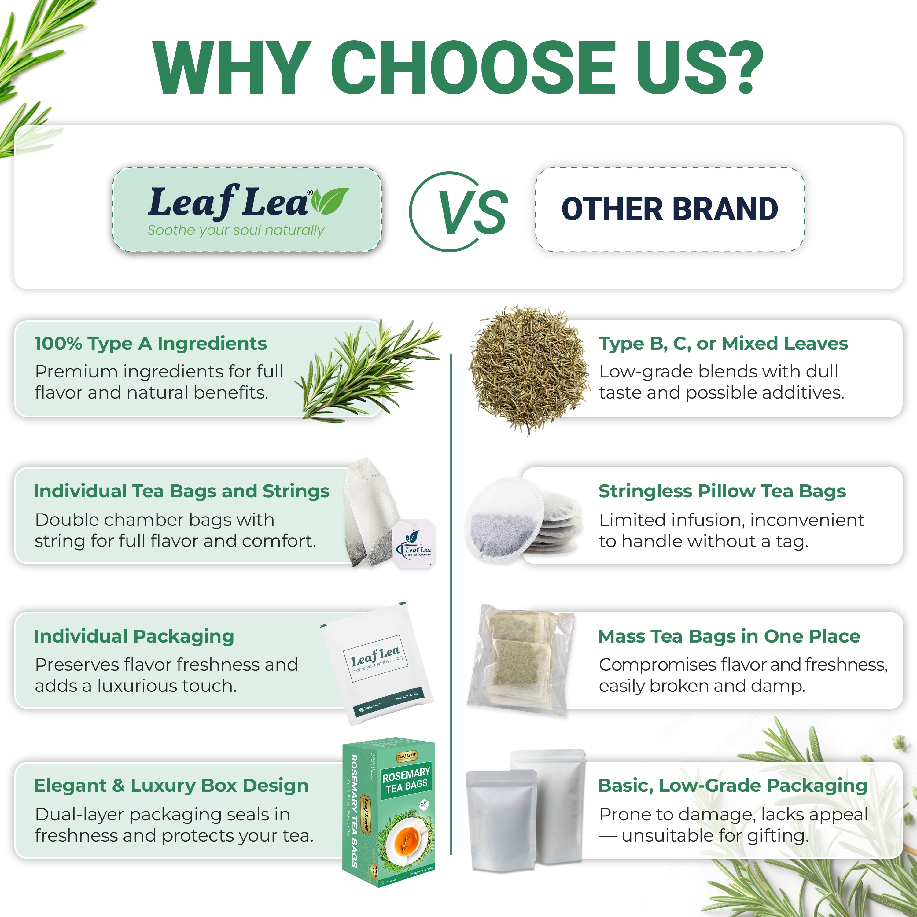 LeafLea Rosemary Tea Bags - Natural Rosemary Leaves, Te De Romero Earthy Taste & Light Aroma, Caffeine-Free, Sugar-Free