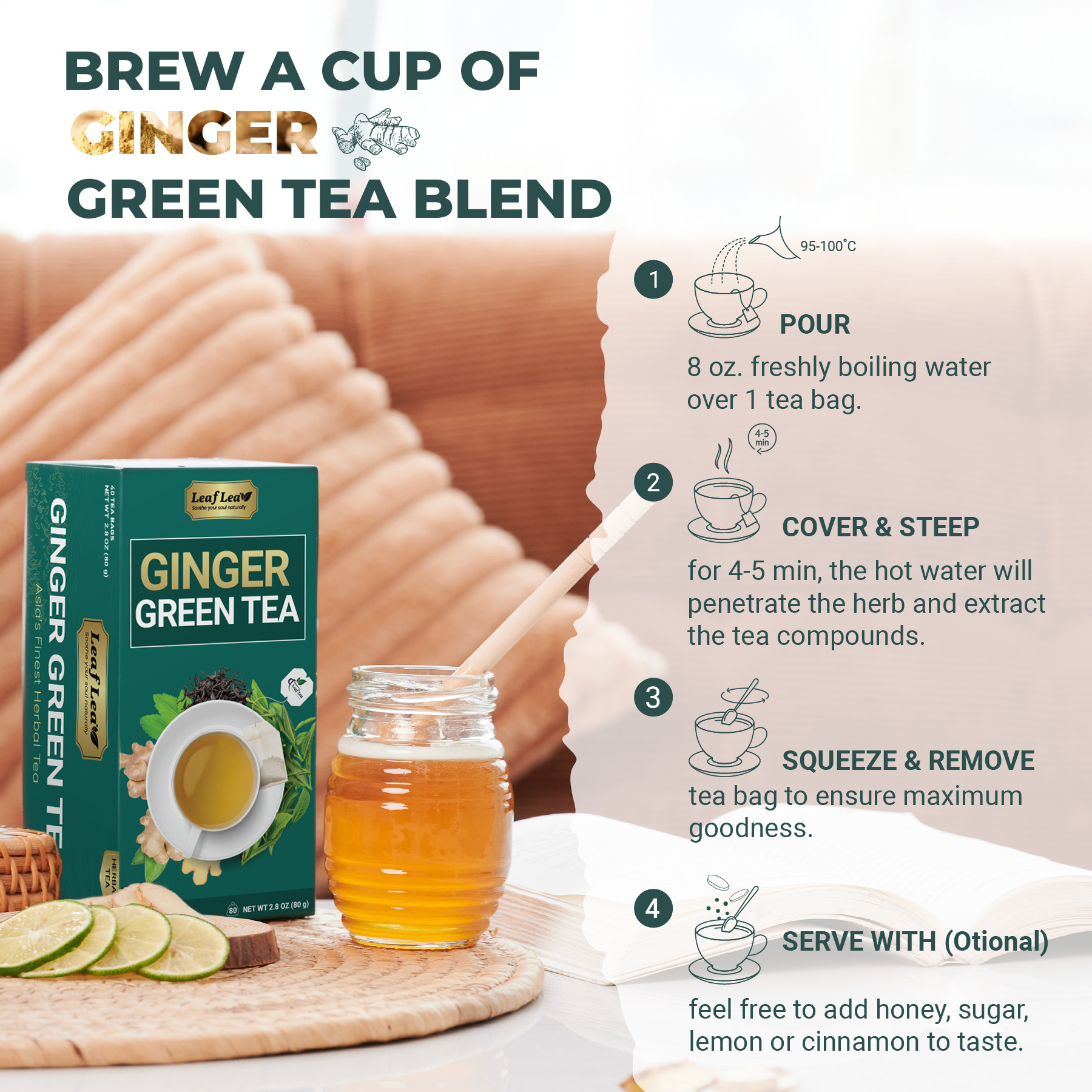 Ginger Green Tea Bags Blend Boosts Digestion & Immunity