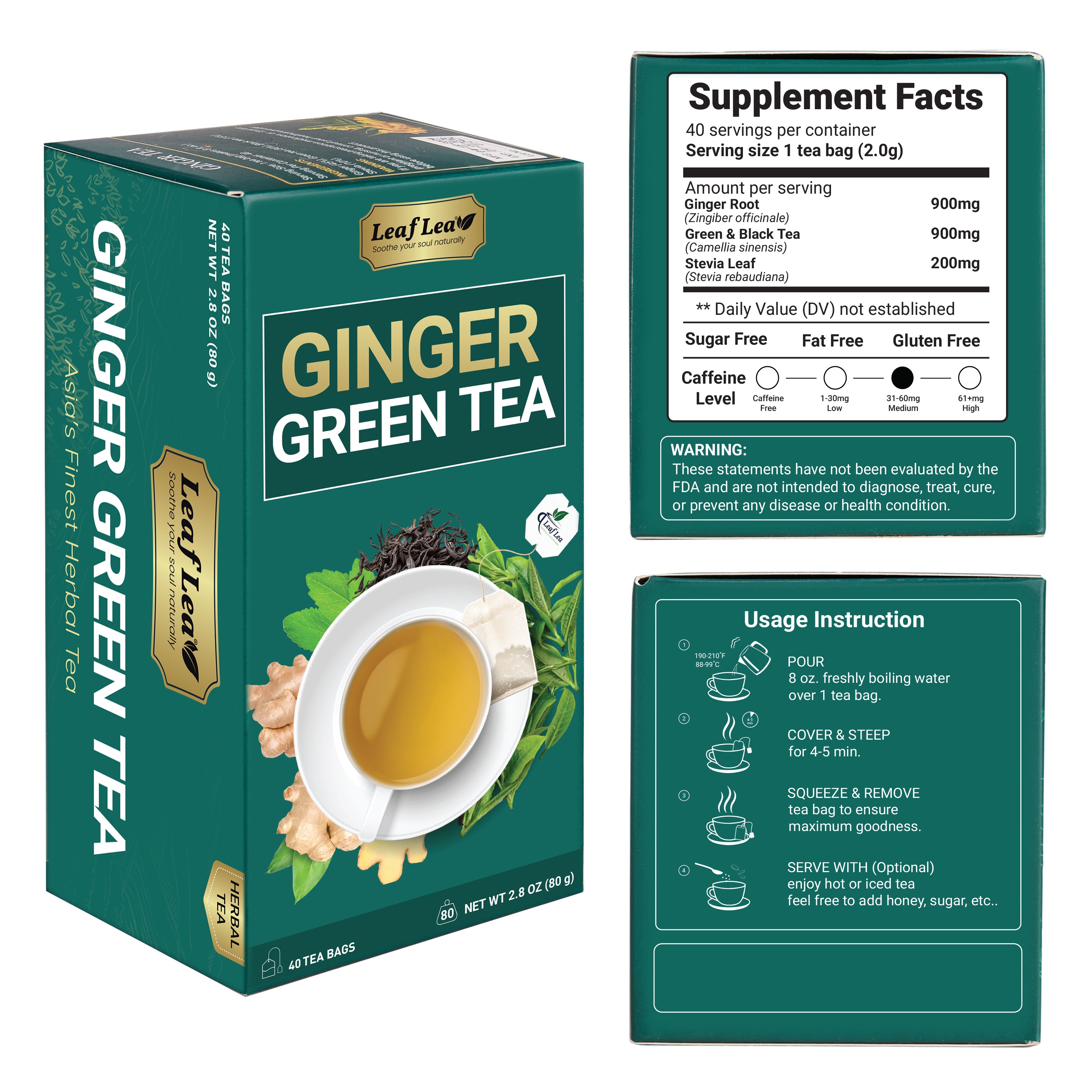 Ginger Green Tea Bags Blend Boosts Digestion & Immunity