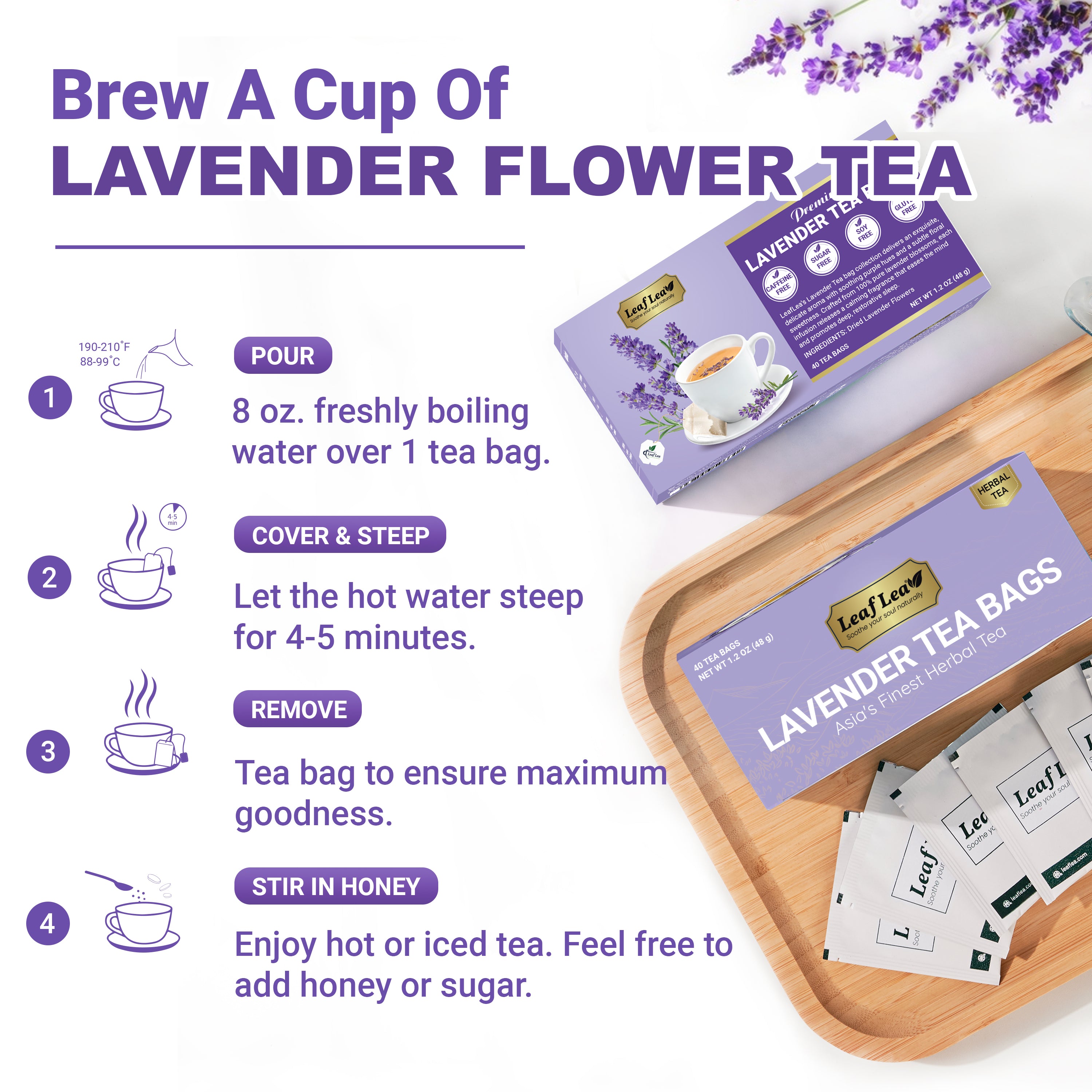 LeafLea 40 Premium Lavender Tea Bags, Natural Lavender Flowers, Lavendar Herbal Tea with Delicate Floral Aroma & Smooth Flavor, Relaxing Evening Infusion, No Caffeine