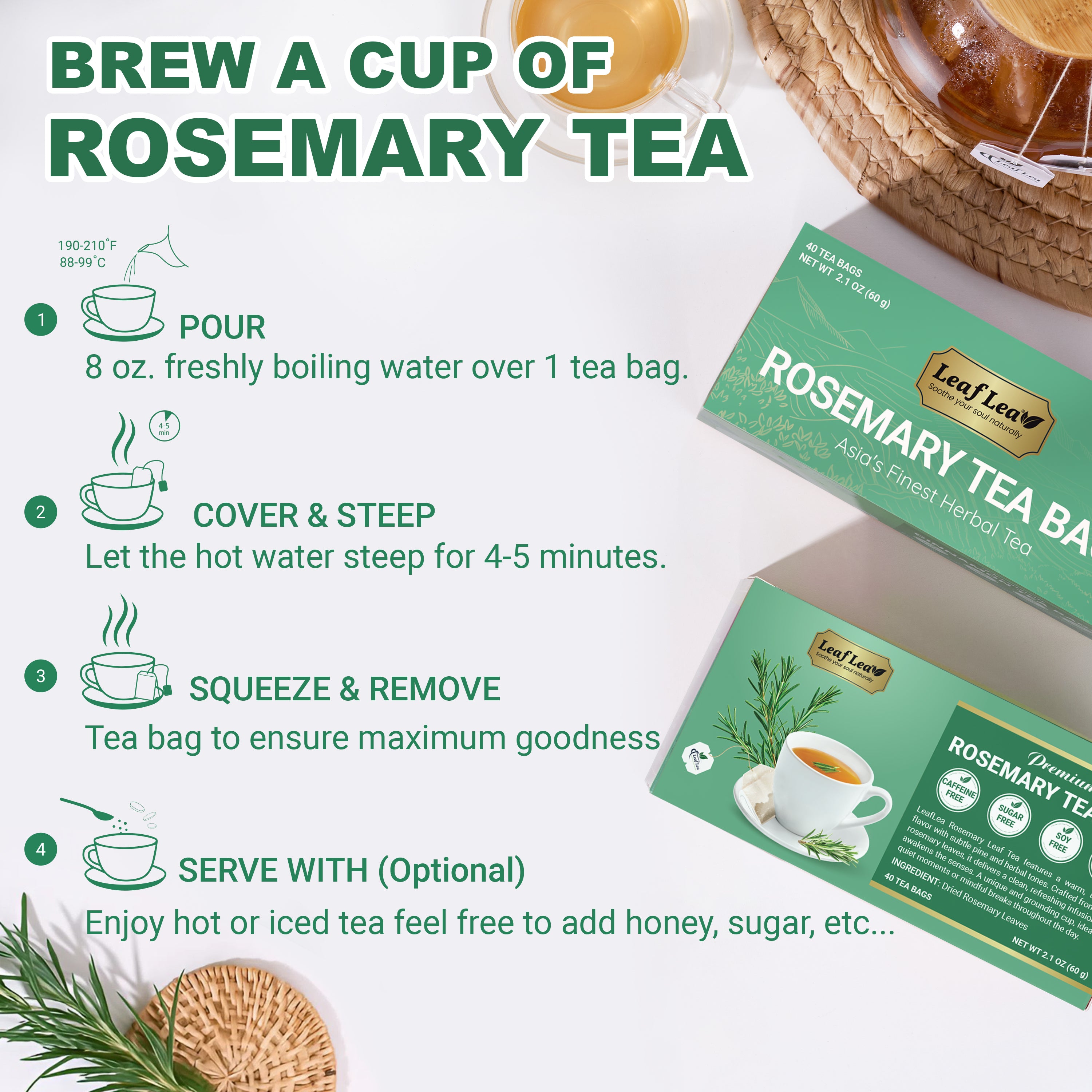 LeafLea Rosemary Tea Bags - Natural Rosemary Leaves, Te De Romero Earthy Taste & Light Aroma, Caffeine-Free, Sugar-Free