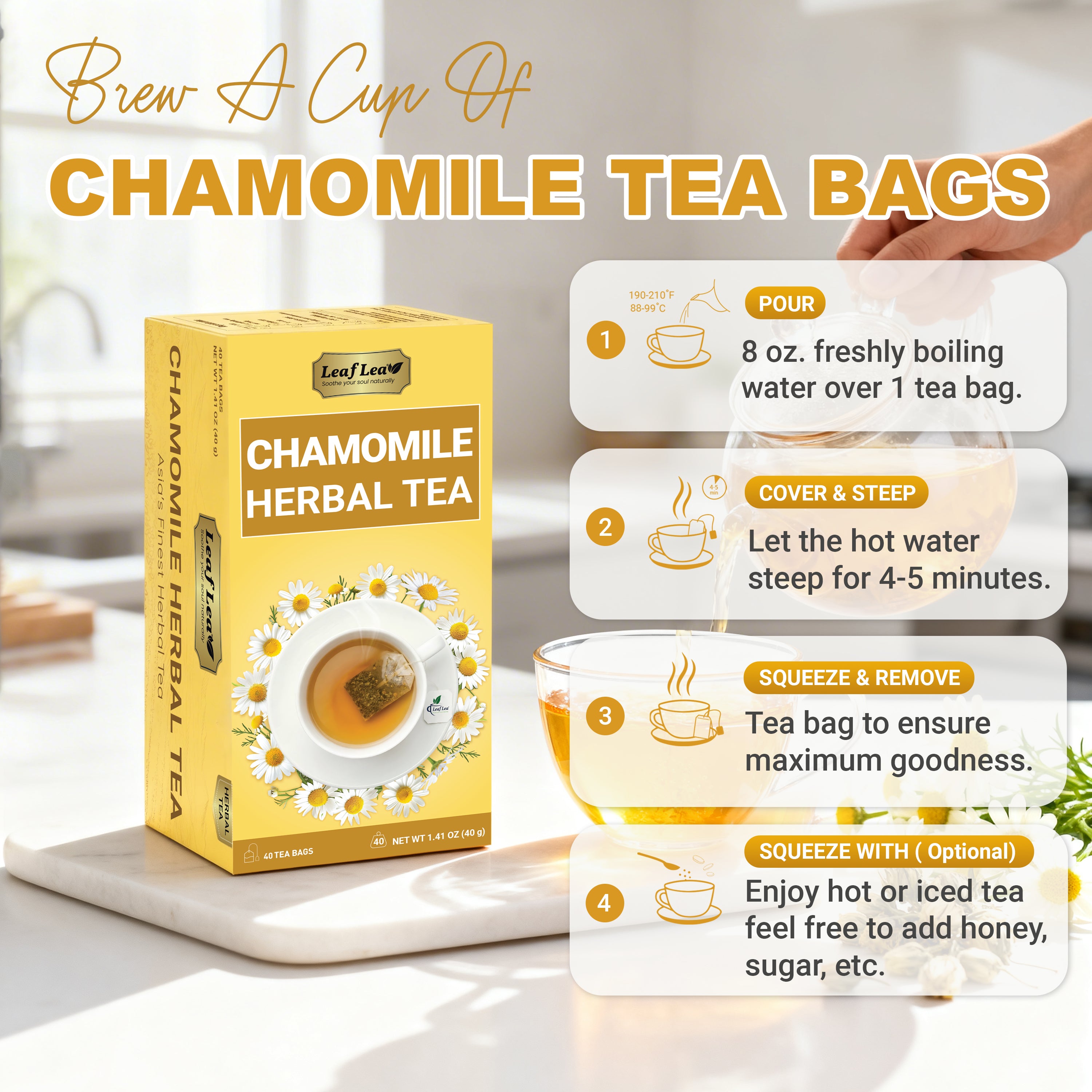 LeafLea Chamomile Tea Bags, Herbal Tea from Chamomile Flowers, Gentle Floral Scent, Clean Smooth Finish
