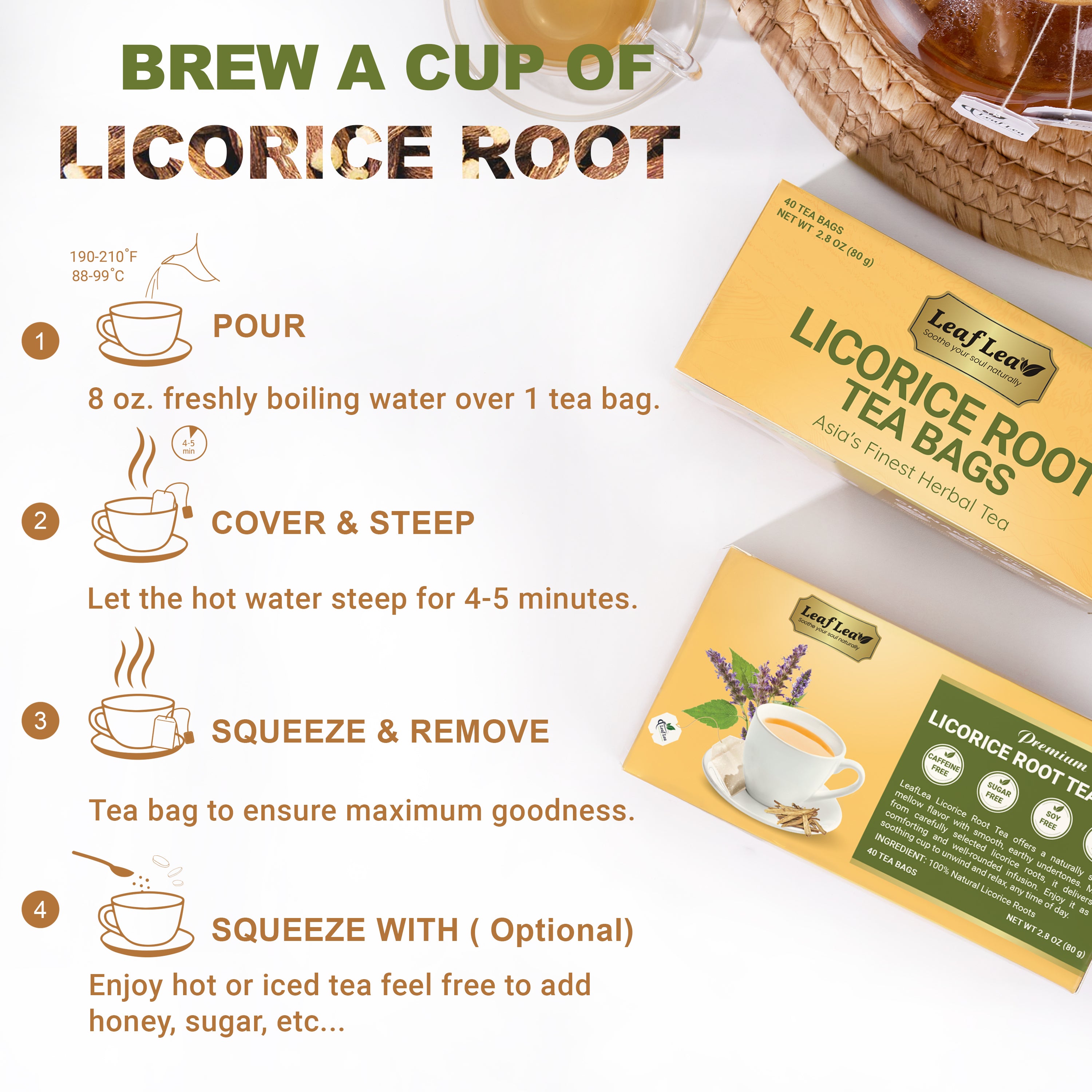 LeafLea Licorice Root Tea Bags - Pure Licorice Spice Tea, Herbal Infusion, Te De Regaliz, Caffeine-Free, Sugar-Free