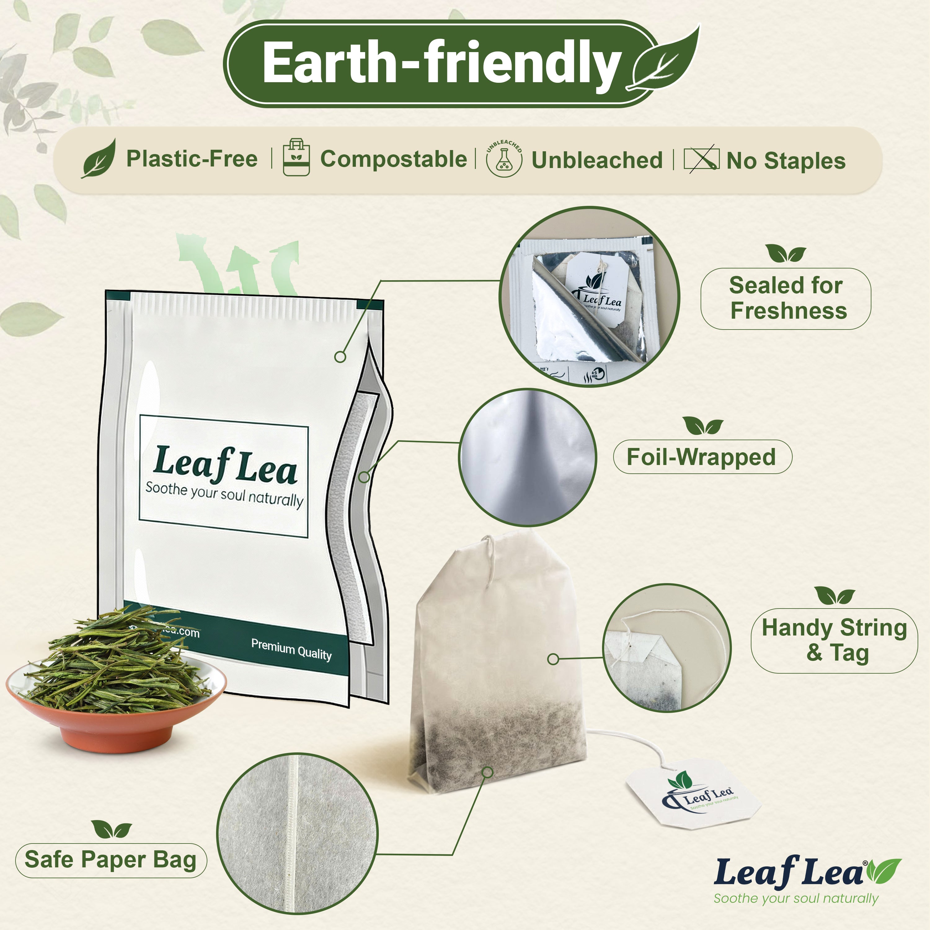 LeafLea Green Tea Bags, 100% Natural & Pure from Green Tea Leaves, Smooth & Refreshing, Everyday Wellness with Natural Caffeine Content