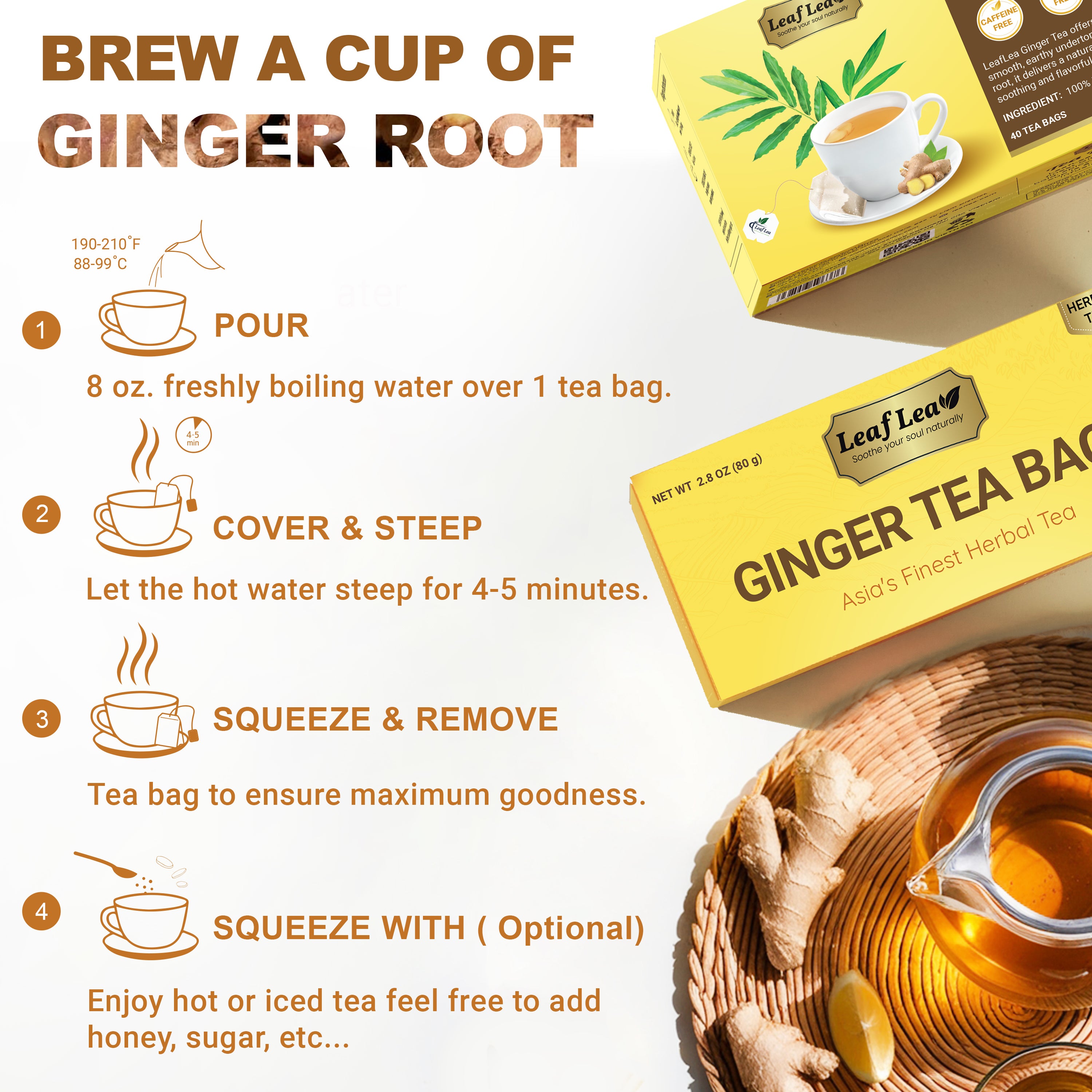 LeafLea Ginger Tea Bags - Bold, Spicy Flavor & Soothing Herbal Experience, Caffeine-Free