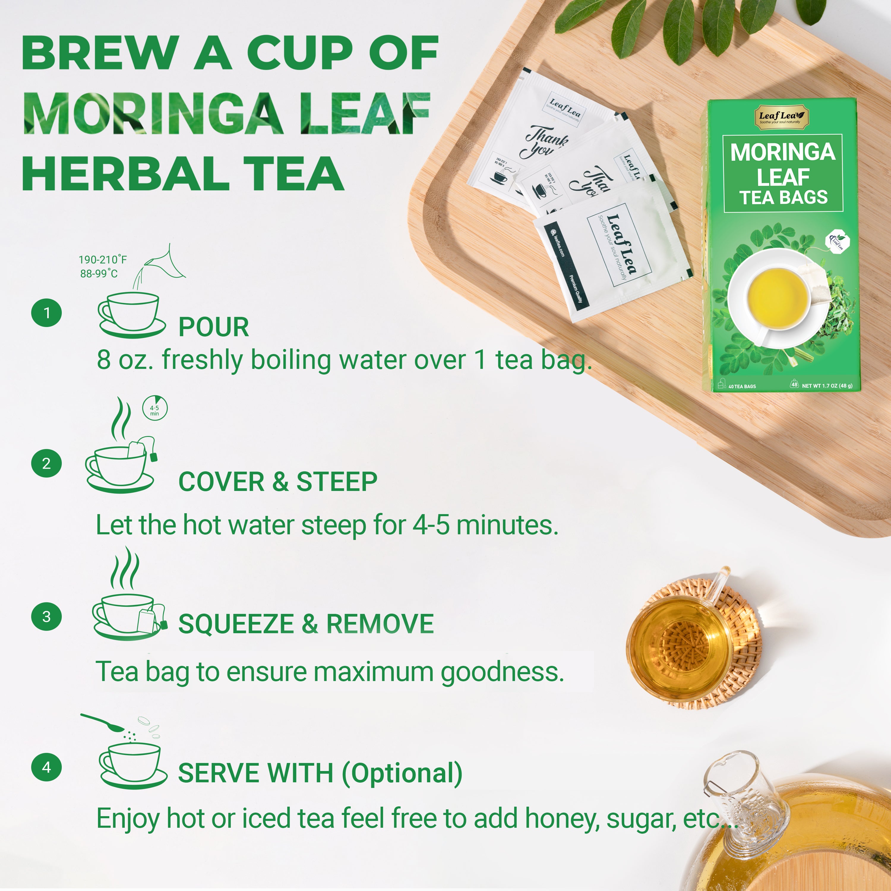 LeafLea 40 Moringa Tea Bags - Supports Digestion & Immune Health Caffeine-Free