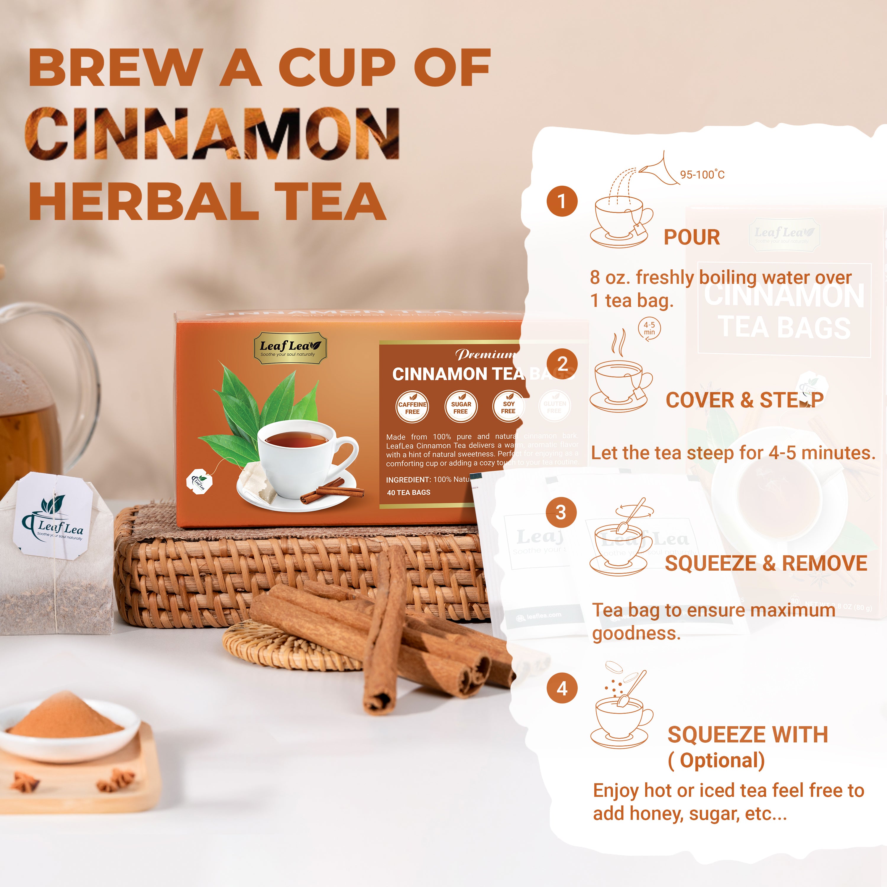 LeafLea 40 Cinnamon Tea Bags - Hot Spiced Cinnamon Tea Bags for Relaxation