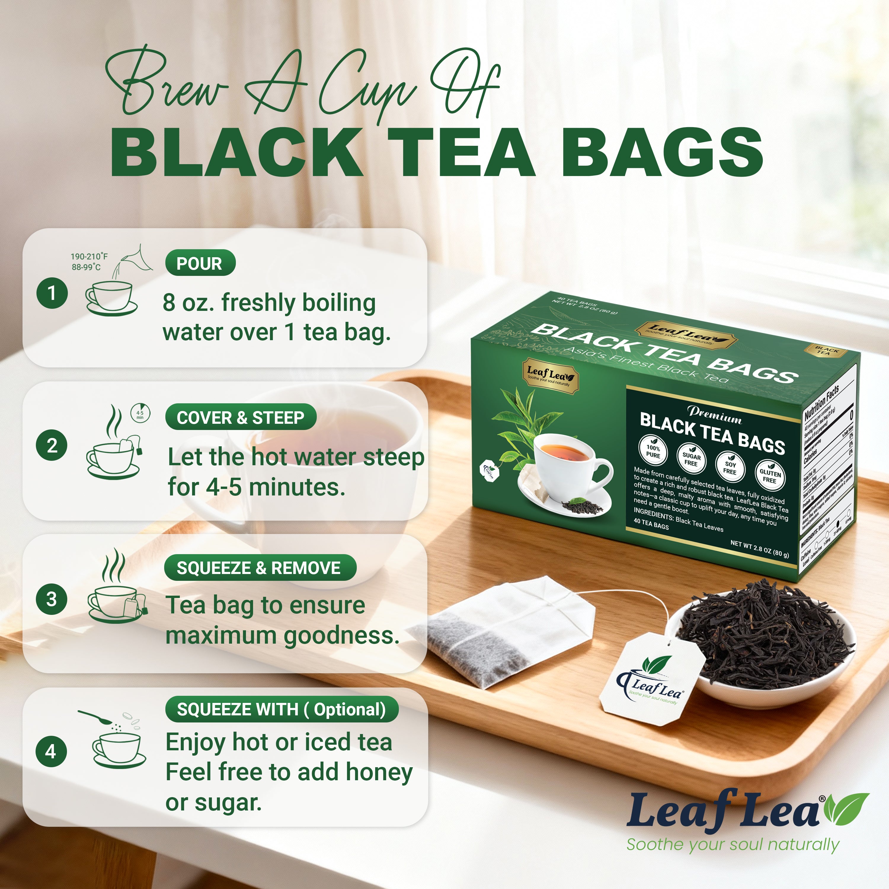 LeafLea Black Tea Bags, Premium Full-Bodied Black Tea Leaves, Digestive Ease & Natural Alertness with Caffeine