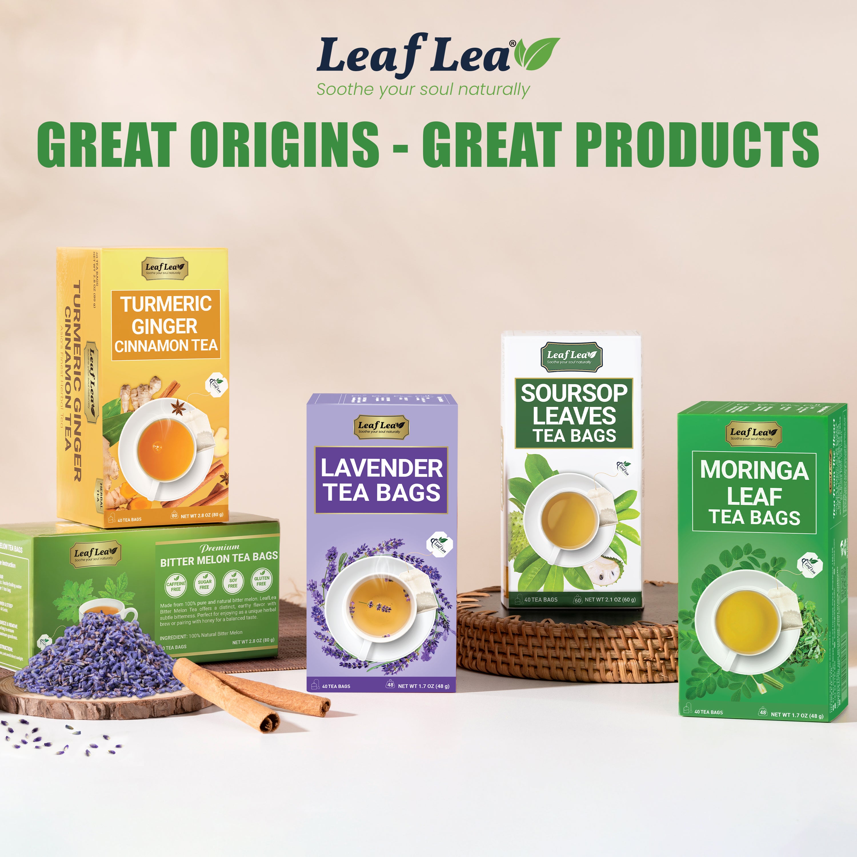 LeafLea 40 Premium Lavender Tea Bags, Natural Lavender Flowers, Lavendar Herbal Tea with Delicate Floral Aroma & Smooth Flavor, Relaxing Evening Infusion, No Caffeine