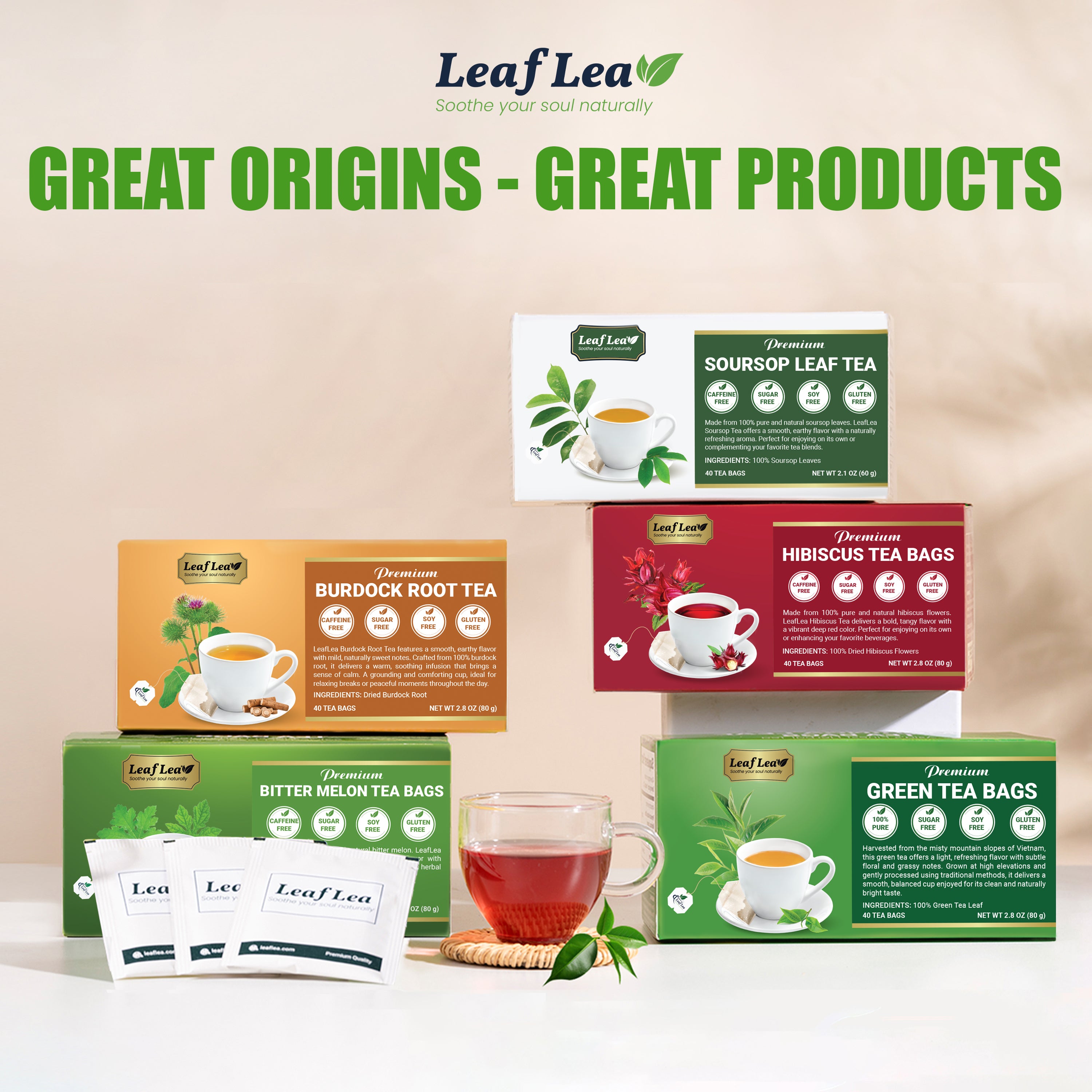 LeafLea Green Tea Bags, 100% Natural & Pure from Green Tea Leaves, Smooth & Refreshing, Everyday Wellness with Natural Caffeine Content