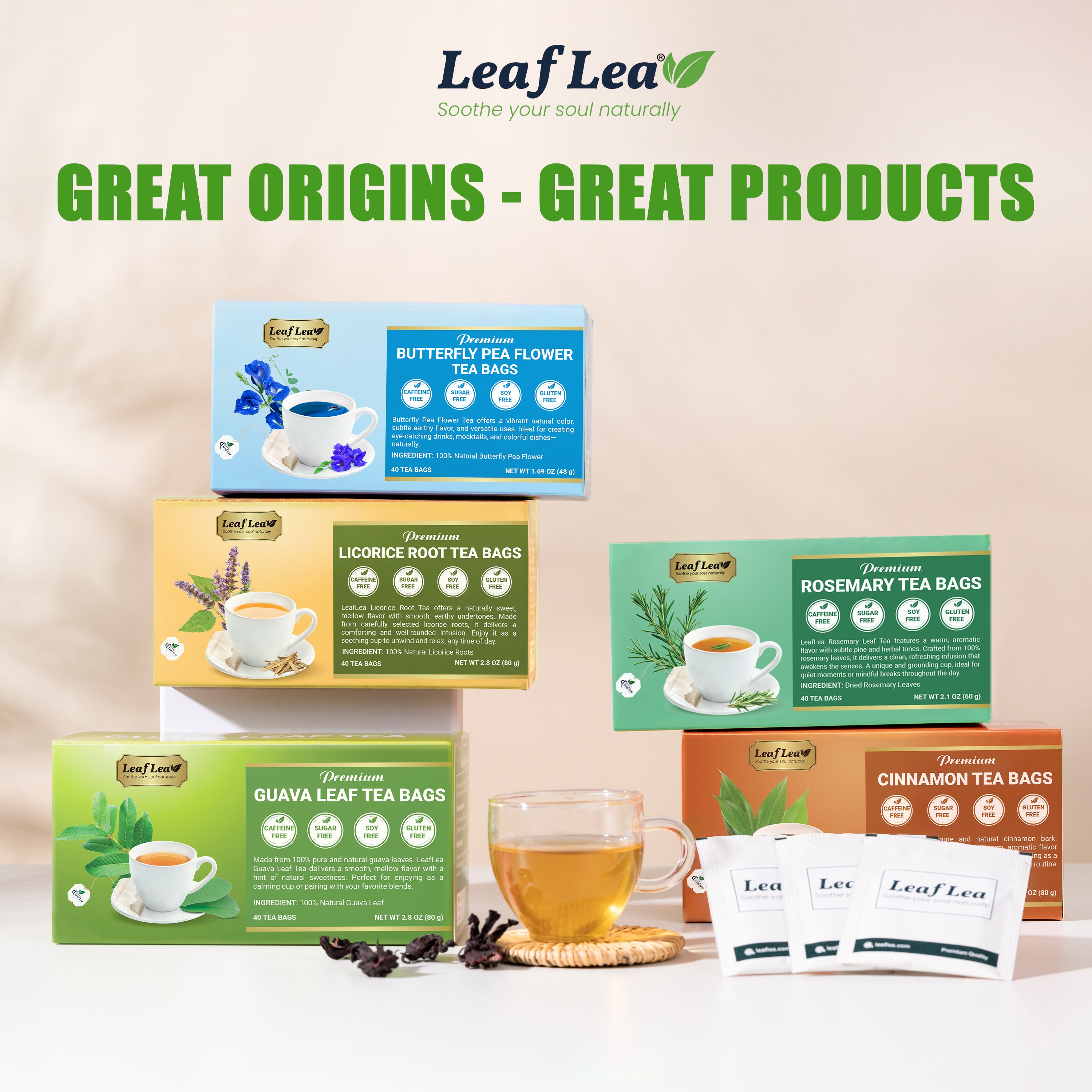 LeafLea Rosemary Tea Bags - Natural Rosemary Leaves, Te De Romero Earthy Taste & Light Aroma, Caffeine-Free, Sugar-Free
