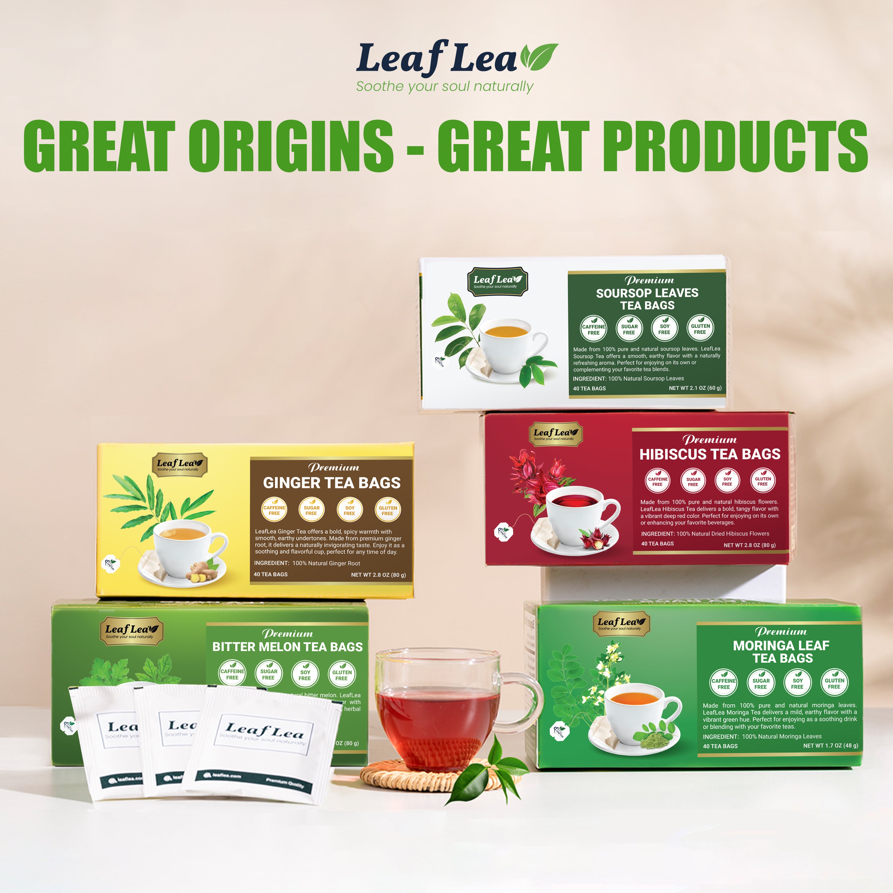 LeafLea Ginger Tea Bags - Bold, Spicy Flavor & Soothing Herbal Experience, Caffeine-Free