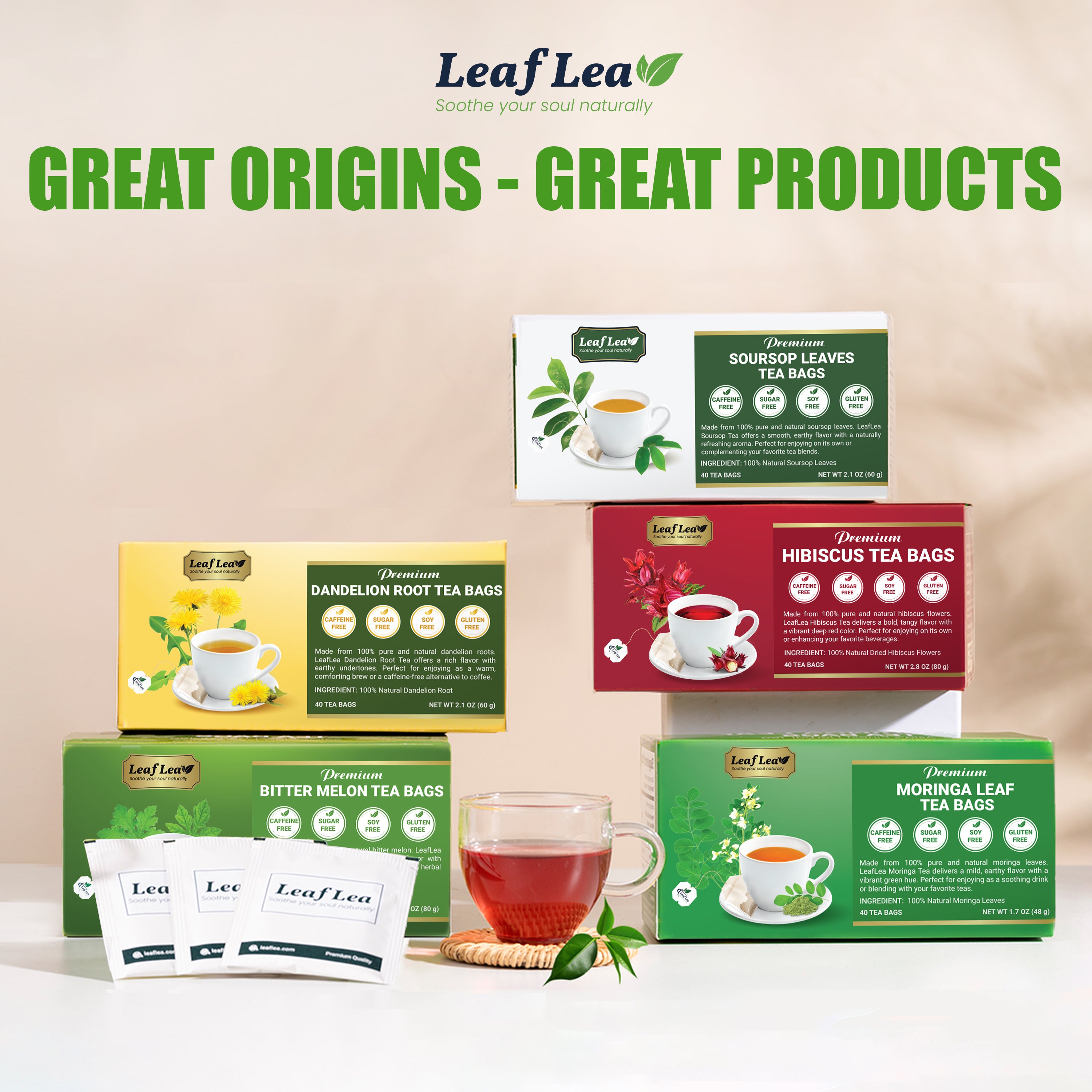 LeafLea 40 Moringa Tea Bags - Supports Digestion & Immune Health Caffeine-Free