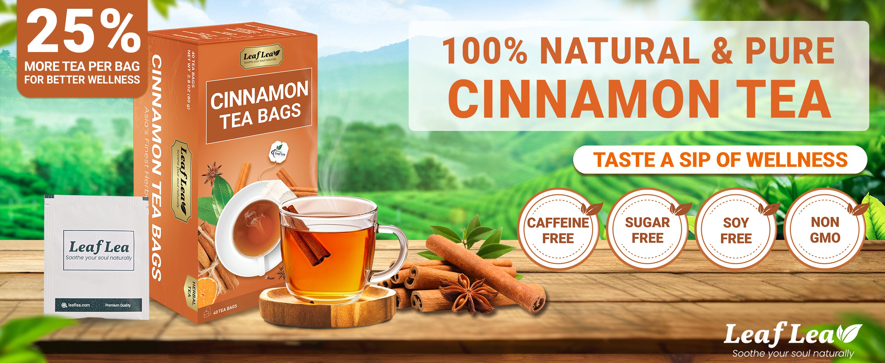 LeafLea 40 Cinnamon Tea Bags - Hot Spiced Cinnamon Tea Bags