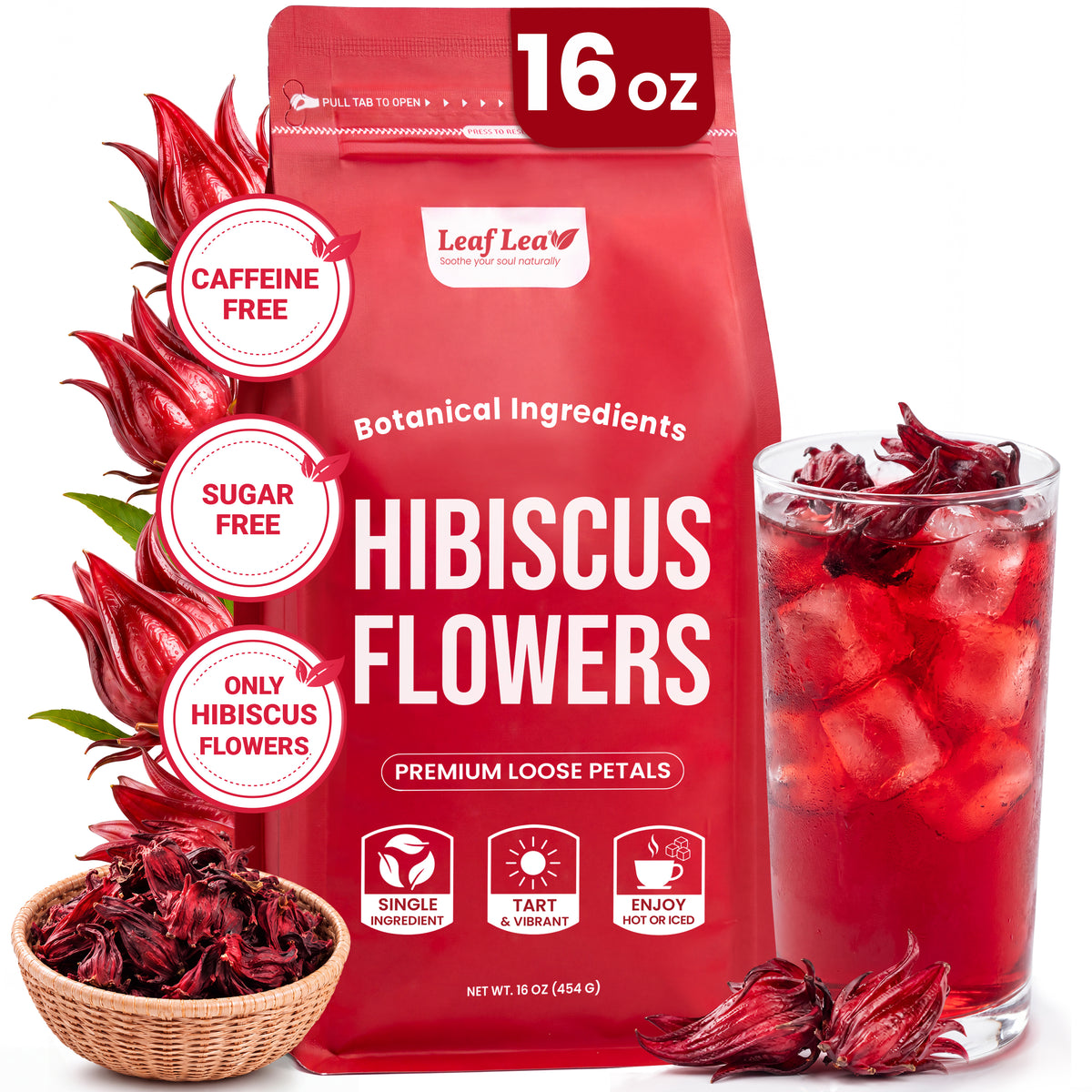 LeafLea Hibiscus Loose Leaf Tea, Caffeine-Free, 16oz, Flor de Jamaica, Bright Ruby Color And Naturally Tart Flavor For Hot Or Iced Tea
