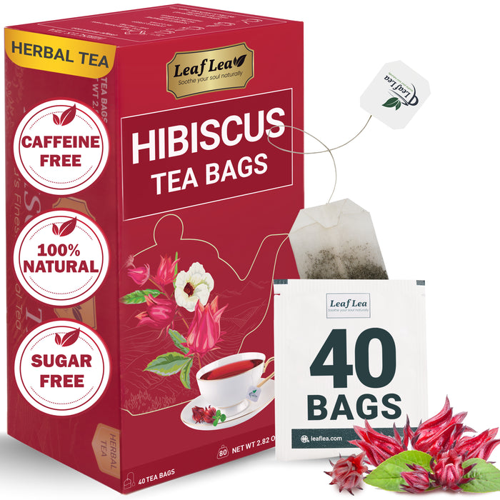 LeafLea Hibiscus Tea Bags – 40 Premium Natural Hibiscus Flower Tea Bags, Supports Heart Health & Immunity, Rich in Antioxidants & Vitamin C, Caffeine-Free, Sugar-Free Beverage