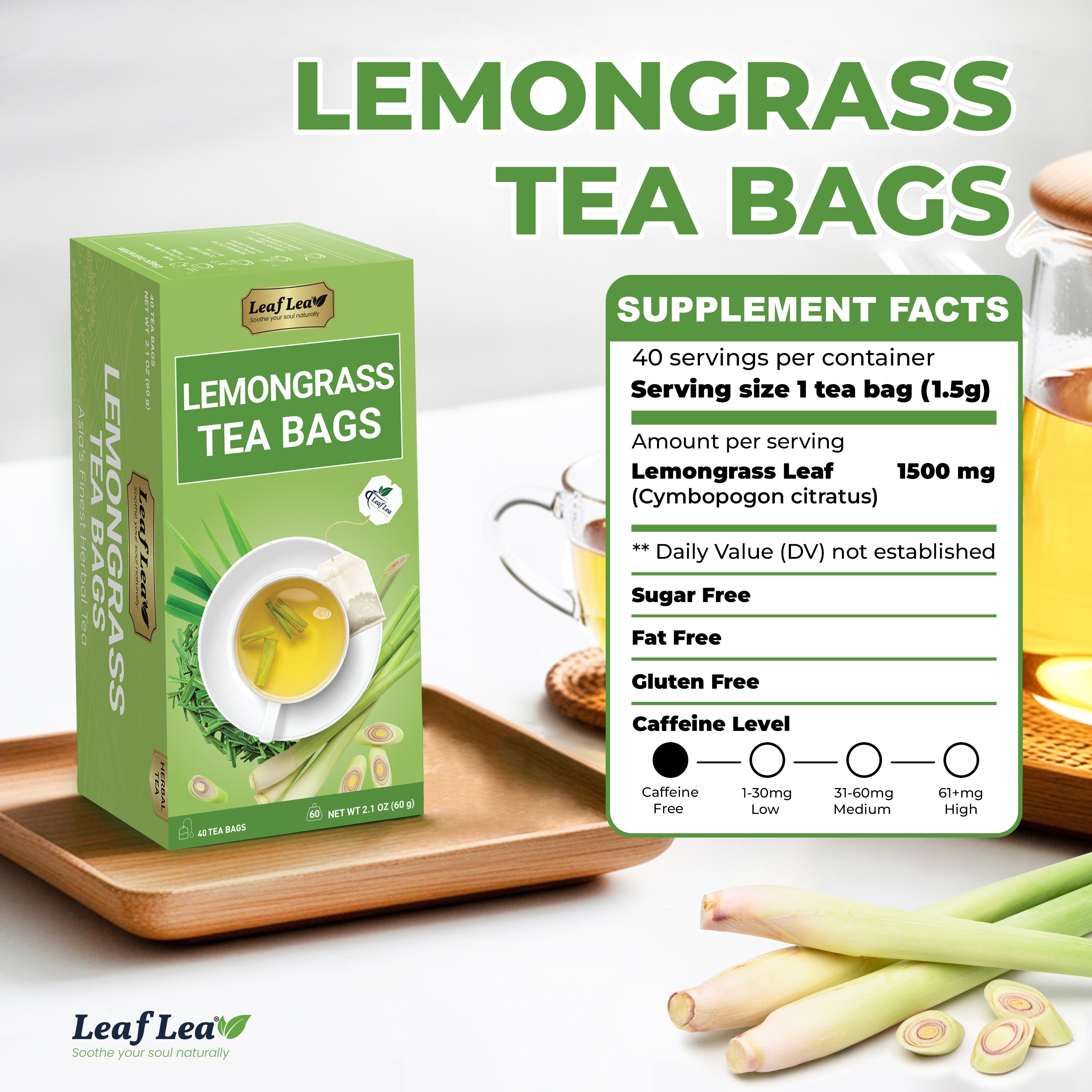 LeafLea Lemongrass Tea Bags, Natural Lemongrass Tea, Te Limon Grass, Taste & Light Aroma, Caffeine-Free, Sugar-Free