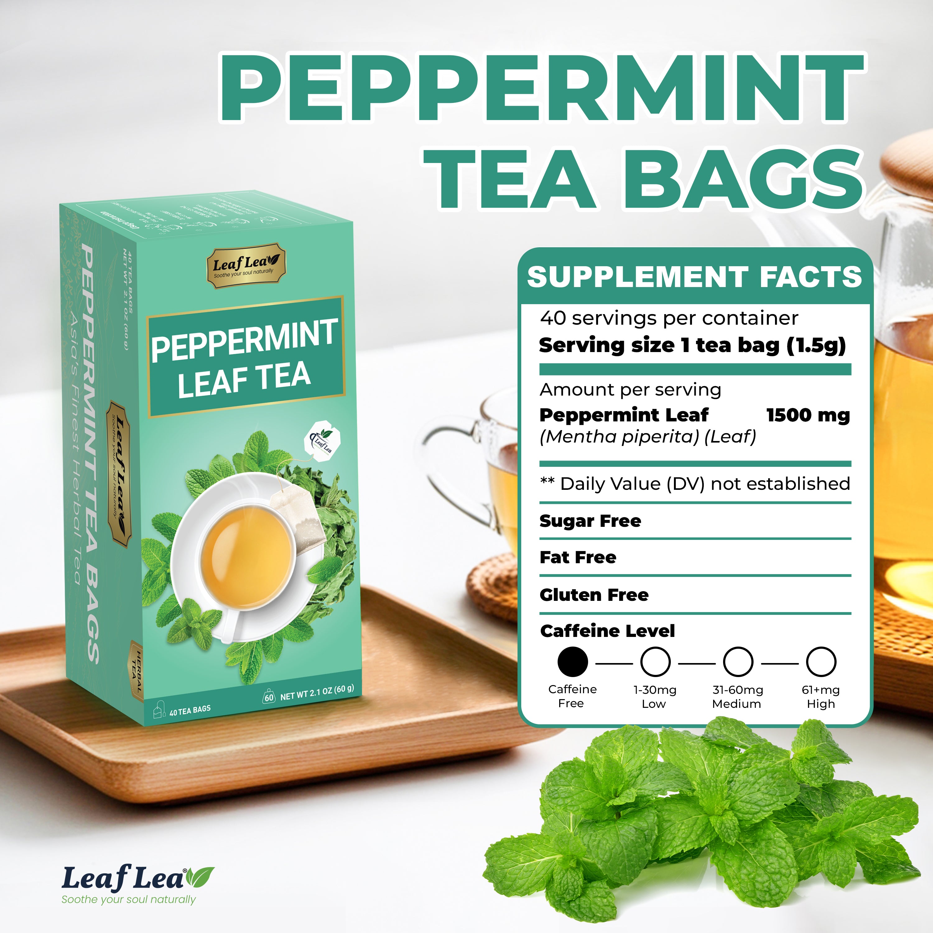 LeafLea 40 Peppermint Tea Bags, Natural Peppermint Leaf Herbal Tea with Cool Taste, Te De Menta for Gentle Digestive Support