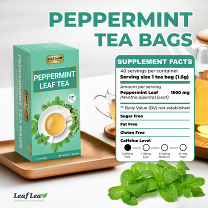 LeafLea 40 Peppermint Tea Bags, Natural Peppermint Leaf Herbal Tea with Cool Taste, Te De Menta for Gentle Digestive Support
