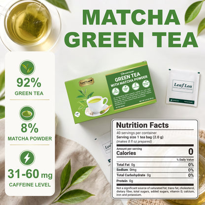 LeafLea Matcha Green Tea Bags, Individually Wrapped Green Tea Blended with Authentic Matcha, Smooth Umami Flavor for Focus & Vitality - Vegan, Sugar Free, Caffeinated, Zero Calories