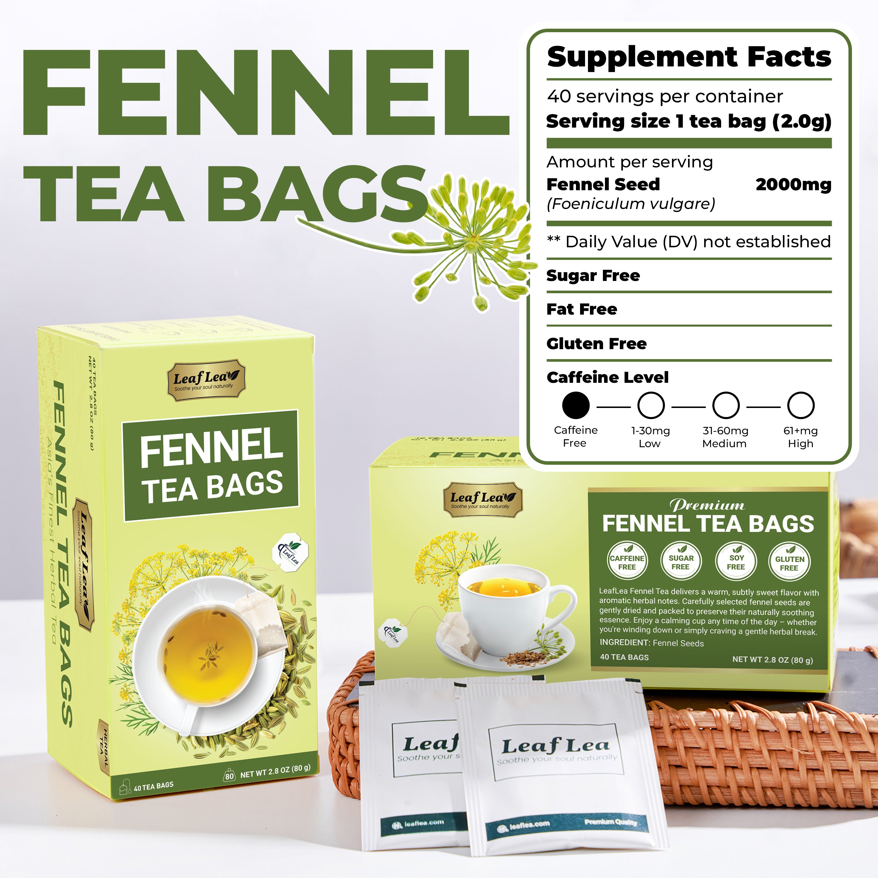 LeafLea 40 Fennel Tea Bags, 100% Natural & Pure Fennel Seed Tea, Te De Hinojo for Gentle Digestion & Fresh Breath