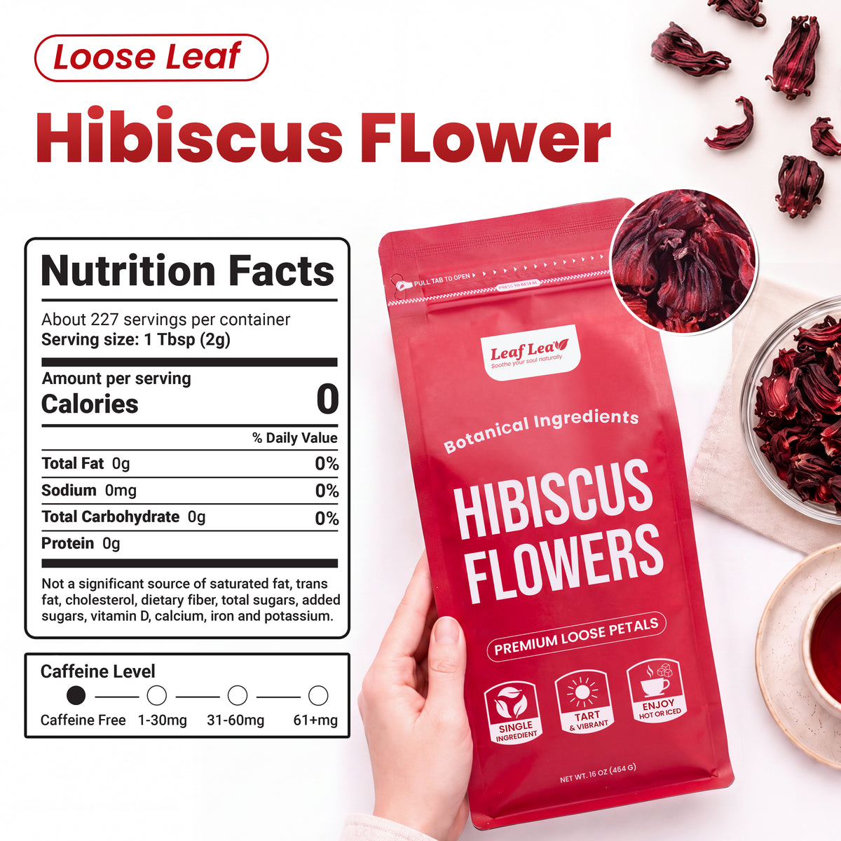 LeafLea Hibiscus Loose Leaf Tea, Caffeine-Free, 16oz, Flor de Jamaica, Bright Ruby Color And Naturally Tart Flavor For Hot Or Iced Tea