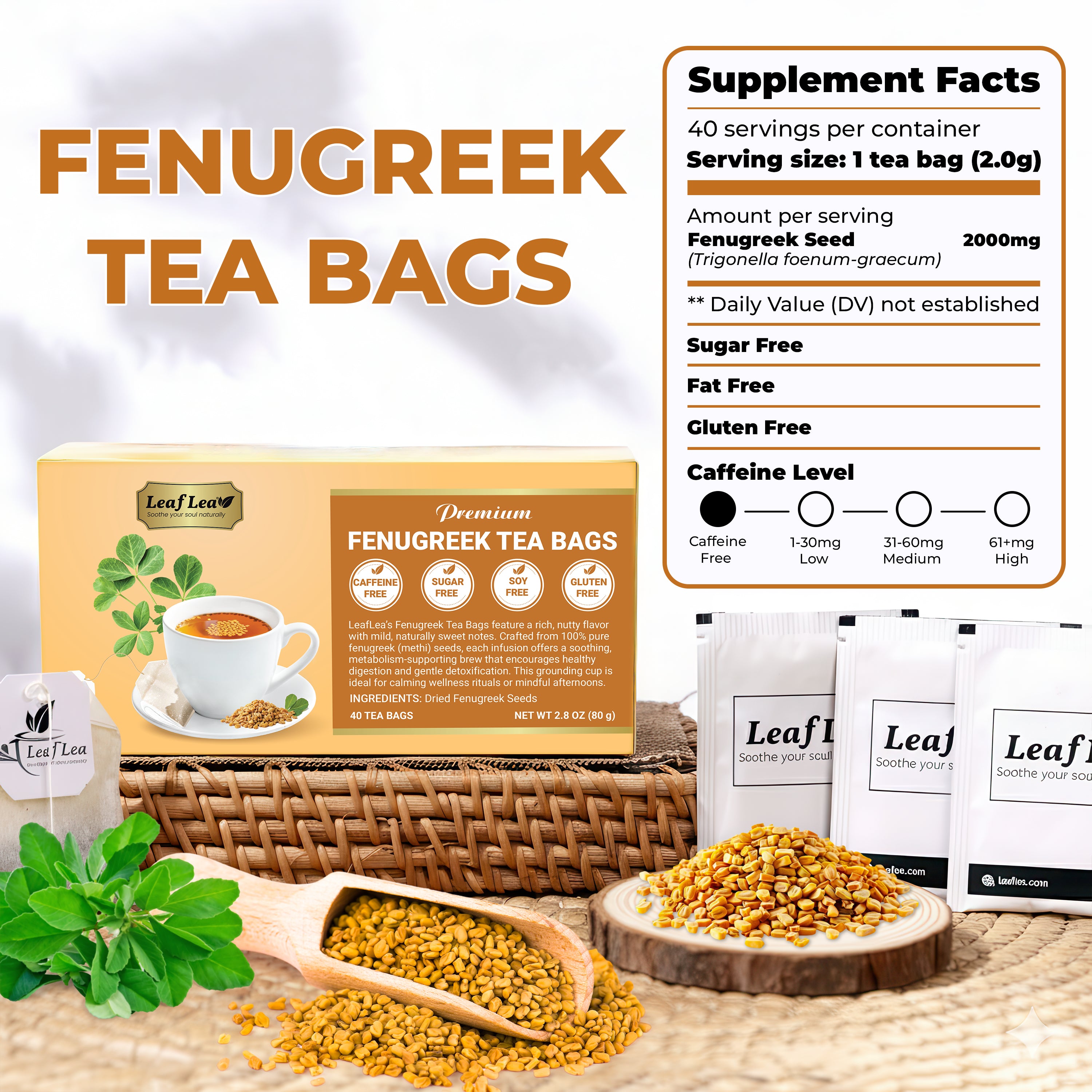 LeafLea 40 Natural Fenugreek Seed Tea Bags, 100% Pure from Fenugreek Seeds, Herbal Tea Infusion, Fenogreco Tea with Distinct Aroma and Smooth Flavor, Caffeine-Free