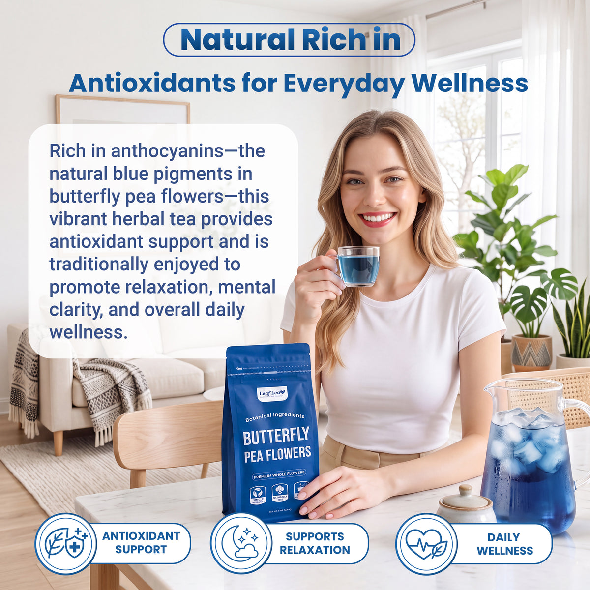 LeafLea Butterfly Pea Flower Loose Leaf Tea, Single-Ingredient Botanical Tea With Naturally Vivid Blue Color
