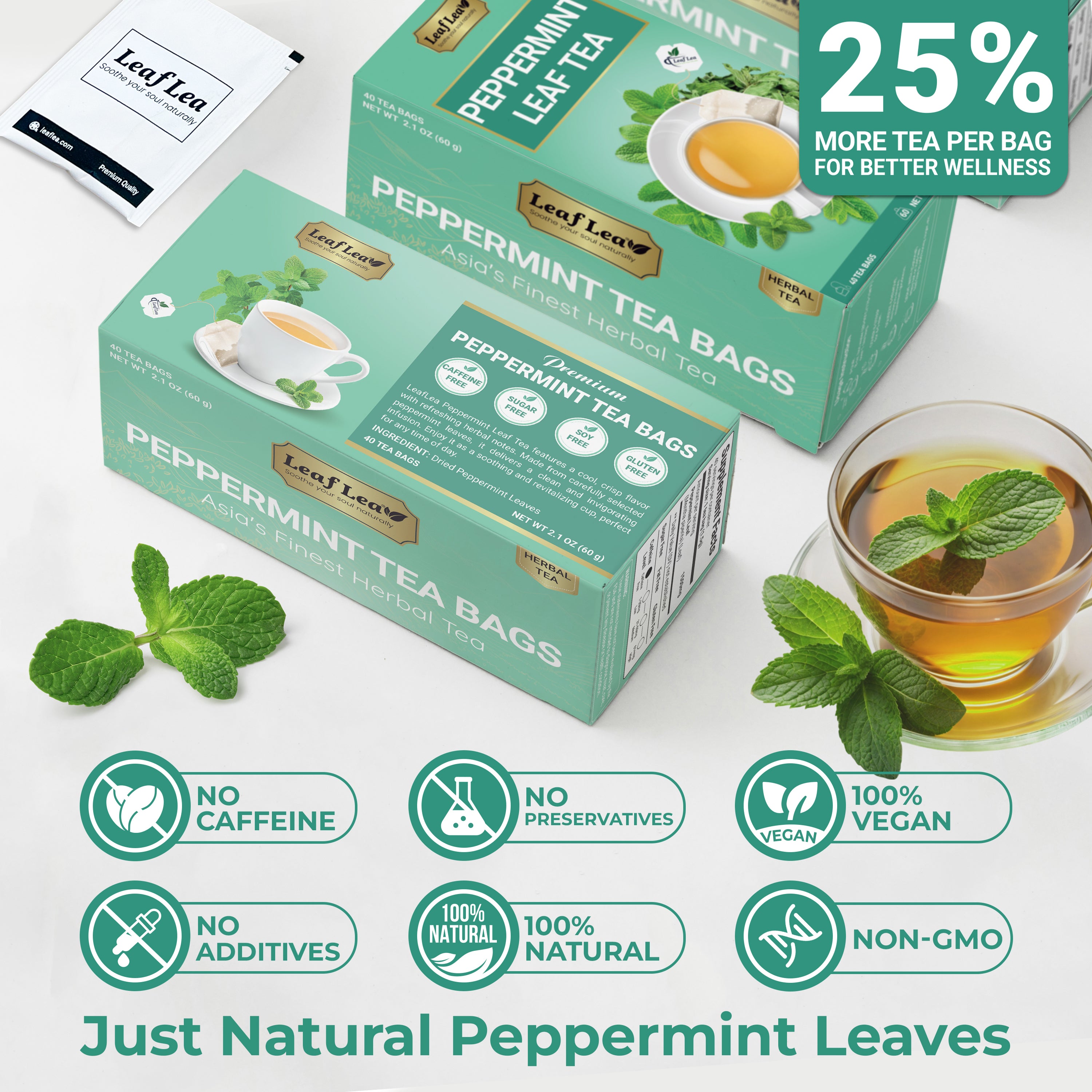 LeafLea 40 Peppermint Tea Bags, Natural Peppermint Leaf Herbal Tea with Cool Taste, Te De Menta for Gentle Digestive Support