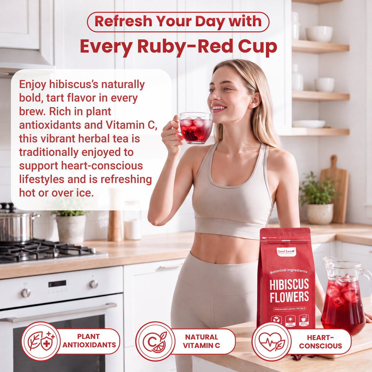 LeafLea Hibiscus Loose Leaf Tea, Caffeine-Free, 16oz, Flor de Jamaica, Bright Ruby Color And Naturally Tart Flavor For Hot Or Iced Tea