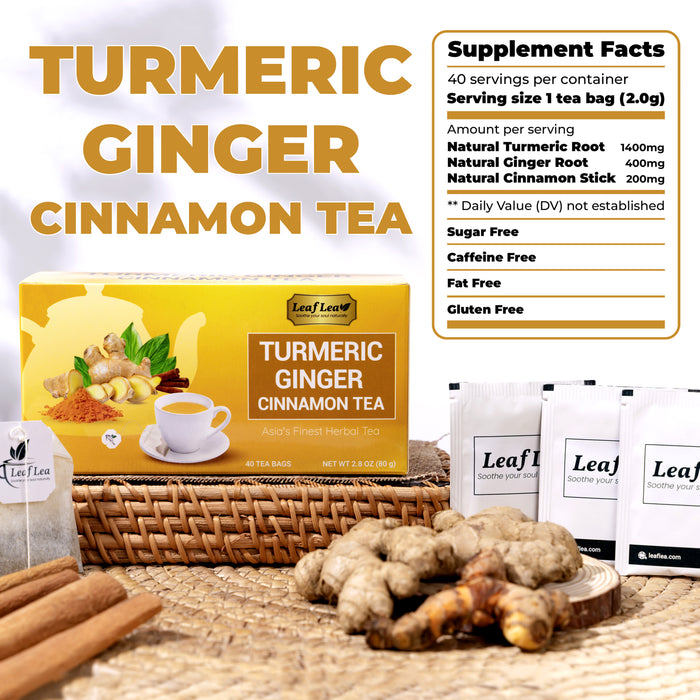 LeafLea 160 Ginger Turmeric Tea Bags, 100% Natural & Pure Herbal Tea Blend of Turmeric Ginger Tea with Cinnamon, Turmeric Tea Supports Digestion & Immunity, Caffeine-Free, No Sugar, Non-GMO