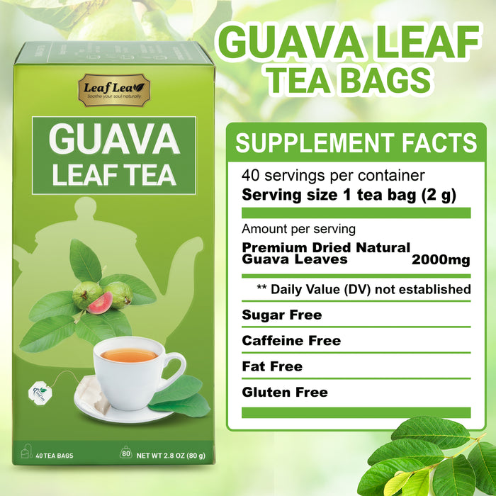 LeafLea Guava Leaf Tea Bags, 100% Natural Hojas De Guayaba 40 Premium Teabags, Supports Digestion & Immune Health, Rich in Antioxidants, Caffeine-Free, Non-GMO, Vegan