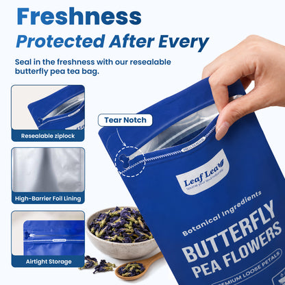 LeafLea Butterfly Pea Flower Loose Leaf Tea, Single-Ingredient Botanical Tea With Naturally Vivid Blue Color