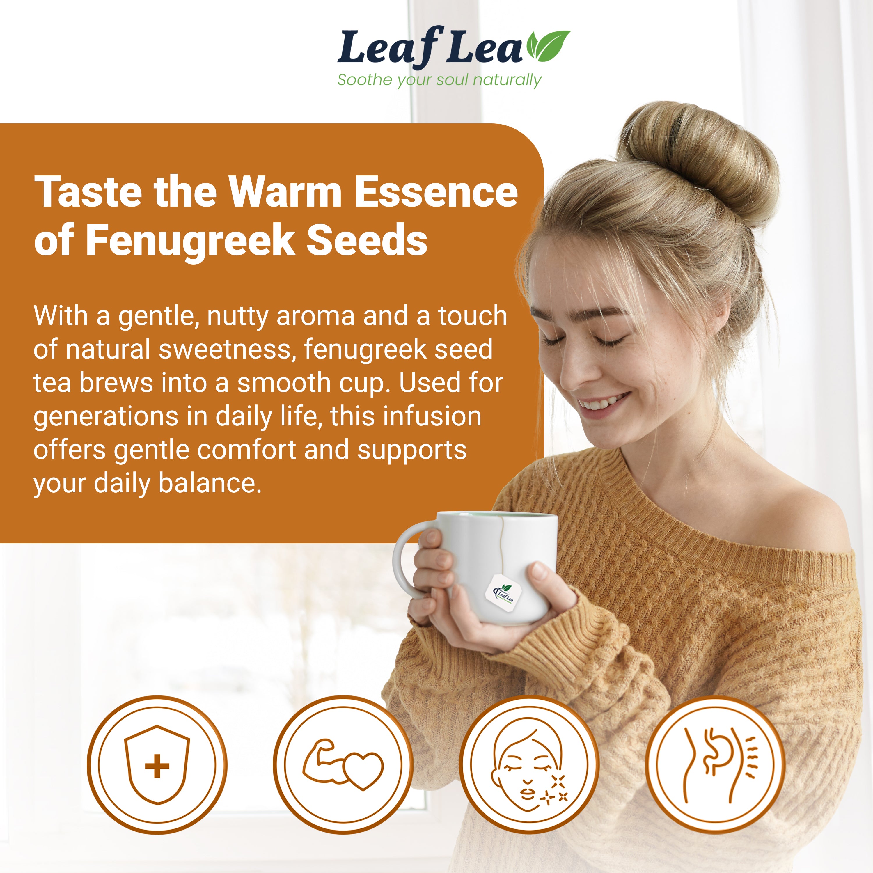 LeafLea 40 Natural Fenugreek Seed Tea Bags, 100% Pure from Fenugreek Seeds, Herbal Tea Infusion, Fenogreco Tea with Distinct Aroma and Smooth Flavor, Caffeine-Free