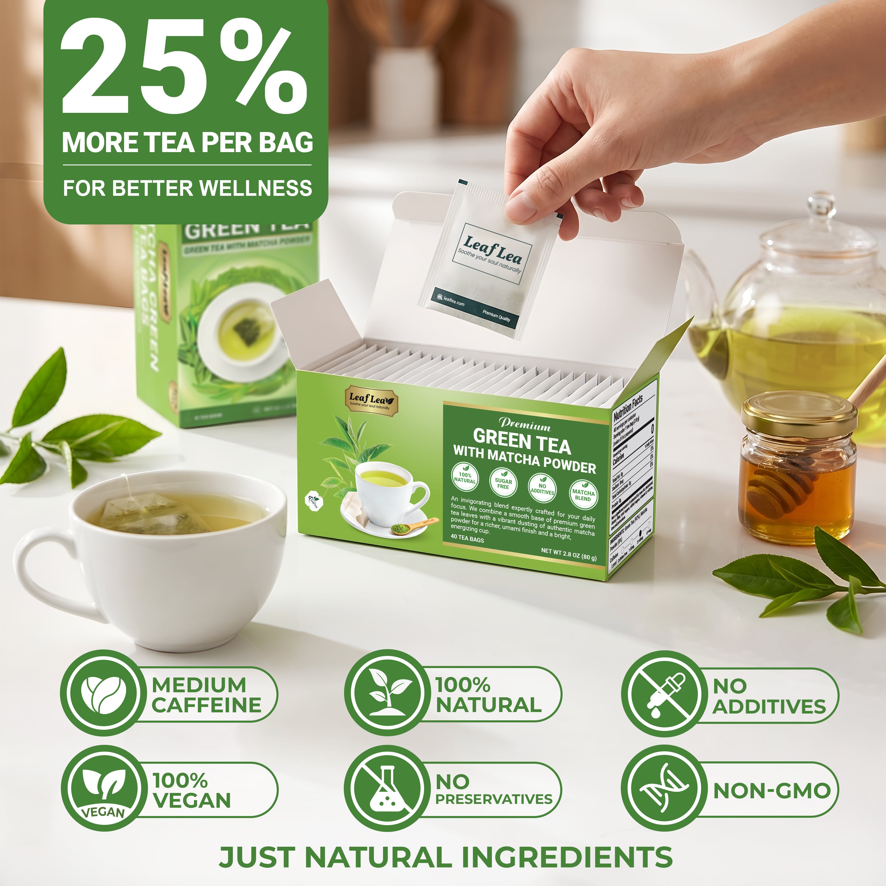LeafLea Matcha Green Tea Bags, Individually Wrapped Green Tea Blended with Authentic Matcha, Smooth Umami Flavor for Focus & Vitality - Vegan, Sugar Free, Caffeinated, Zero Calories