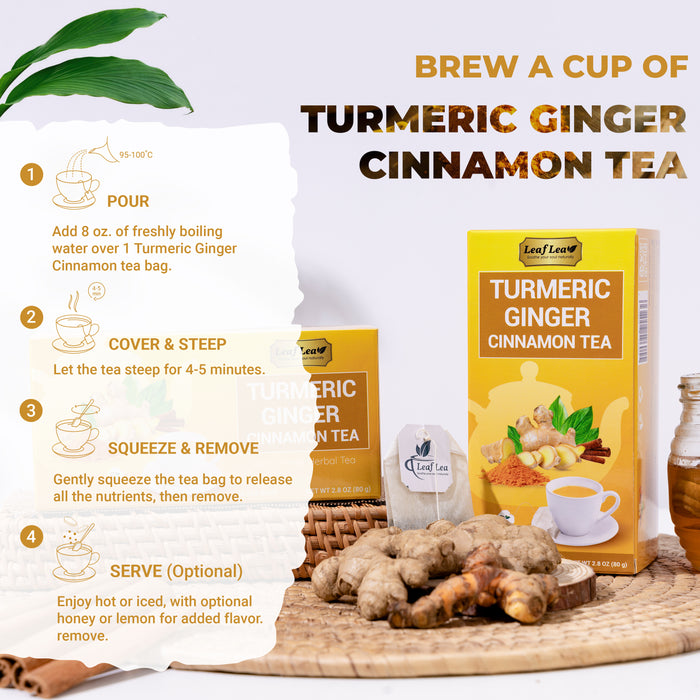 LeafLea 160 Ginger Turmeric Tea Bags, 100% Natural & Pure Herbal Tea Blend of Turmeric Ginger Tea with Cinnamon, Turmeric Tea Supports Digestion & Immunity, Caffeine-Free, No Sugar, Non-GMO