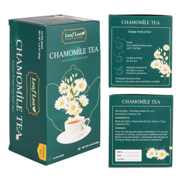 LeafLea Chamomile Black Tea - 40 Bags | Natural Relaxation & Digestive Support, Chamomile Blend, Sugar-Free, Vegan, Gluten-Free