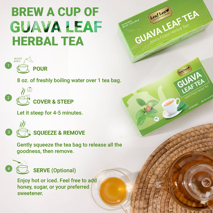 LeafLea Guava Leaf Tea Bags, 100% Natural Hojas De Guayaba 40 Premium Teabags, Supports Digestion & Immune Health, Rich in Antioxidants, Caffeine-Free, Non-GMO, Vegan