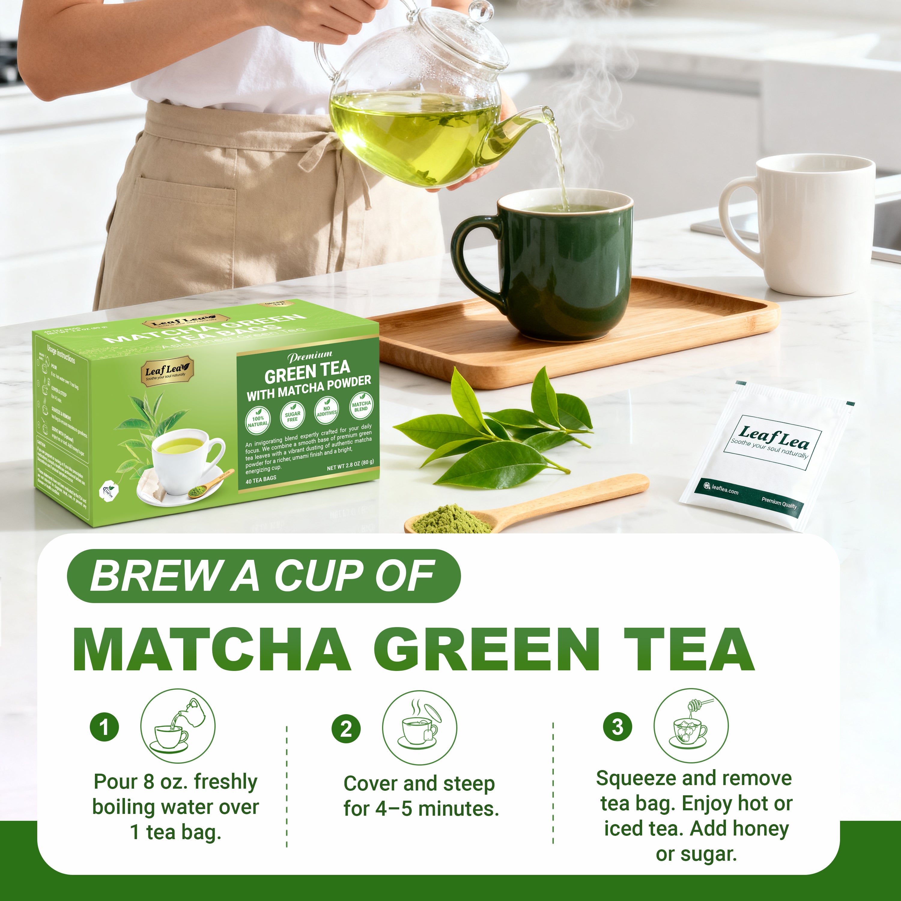 LeafLea Matcha Green Tea Bags, Individually Wrapped Green Tea Blended with Authentic Matcha, Smooth Umami Flavor for Focus & Vitality - Vegan, Sugar Free, Caffeinated, Zero Calories