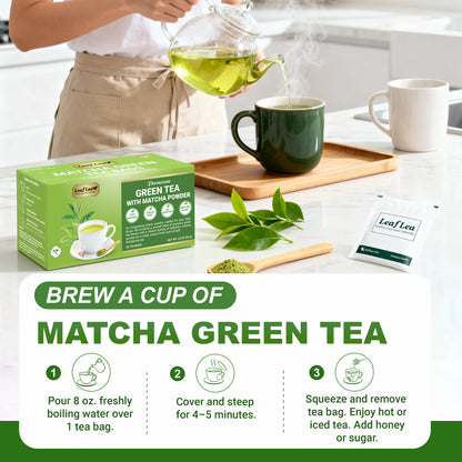 LeafLea Matcha Green Tea Bags, Individually Wrapped Green Tea Blended with Authentic Matcha, Smooth Umami Flavor for Focus & Vitality - Vegan, Sugar Free, Caffeinated, Zero Calories