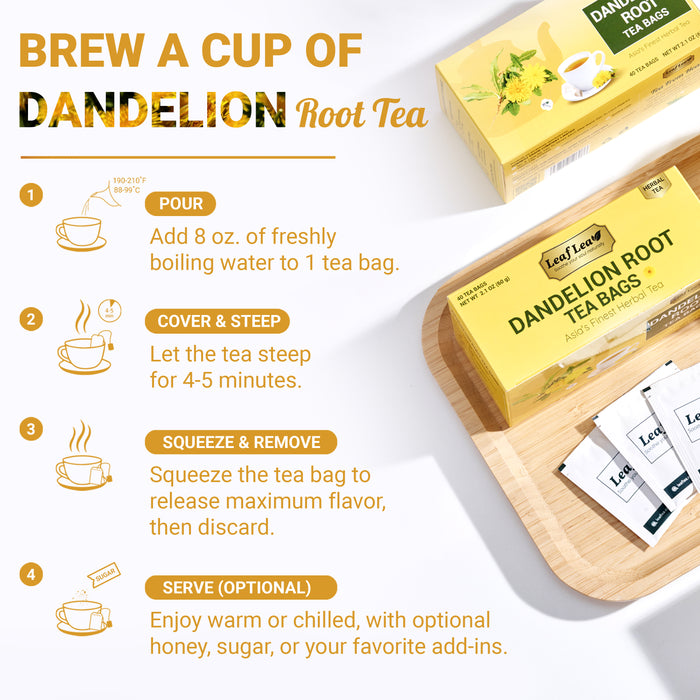 LeafLea Dandelion Root Tea Bags, 160 Dandelion Tea Bags Promotes Healthy Digestion & Immune Function, Herbal Tea from Pure Roasted Dandelion Root, Caffeine-Free, Vegan, Gluten-Free, No Sugar, 4 Pack