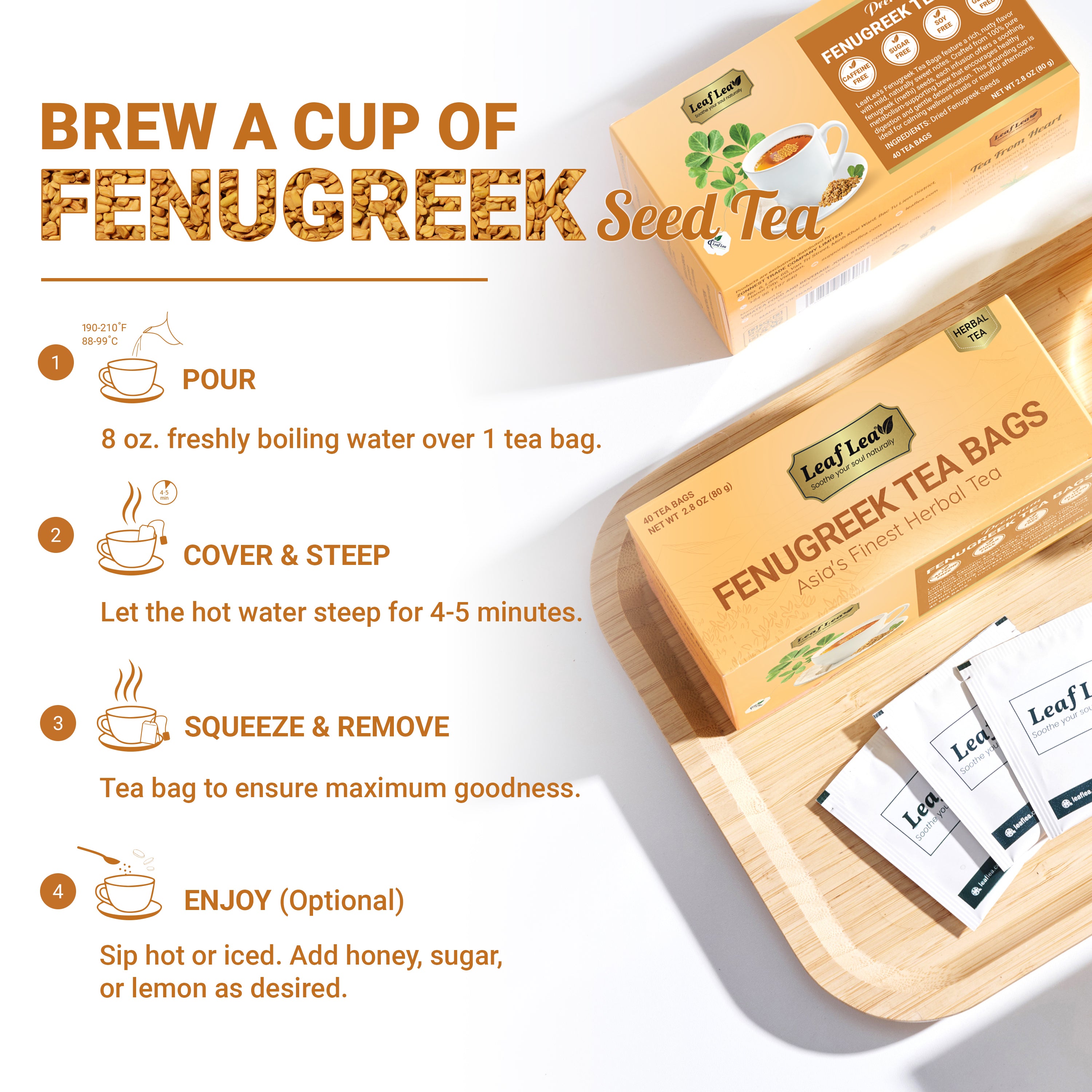 LeafLea 40 Natural Fenugreek Seed Tea Bags, 100% Pure from Fenugreek Seeds, Herbal Tea Infusion, Fenogreco Tea with Distinct Aroma and Smooth Flavor, Caffeine-Free