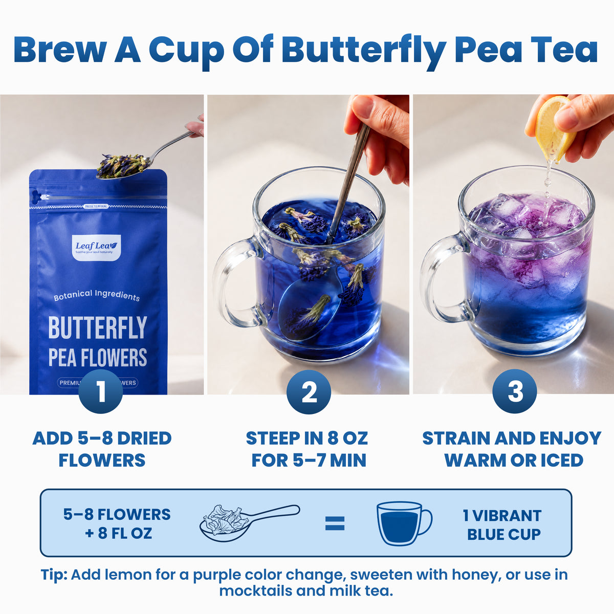 LeafLea Butterfly Pea Flower Loose Leaf Tea, Single-Ingredient Botanical Tea With Naturally Vivid Blue Color