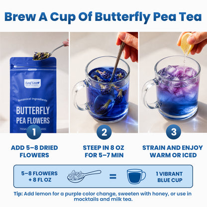 LeafLea Butterfly Pea Flower Loose Leaf Tea, Single-Ingredient Botanical Tea With Naturally Vivid Blue Color